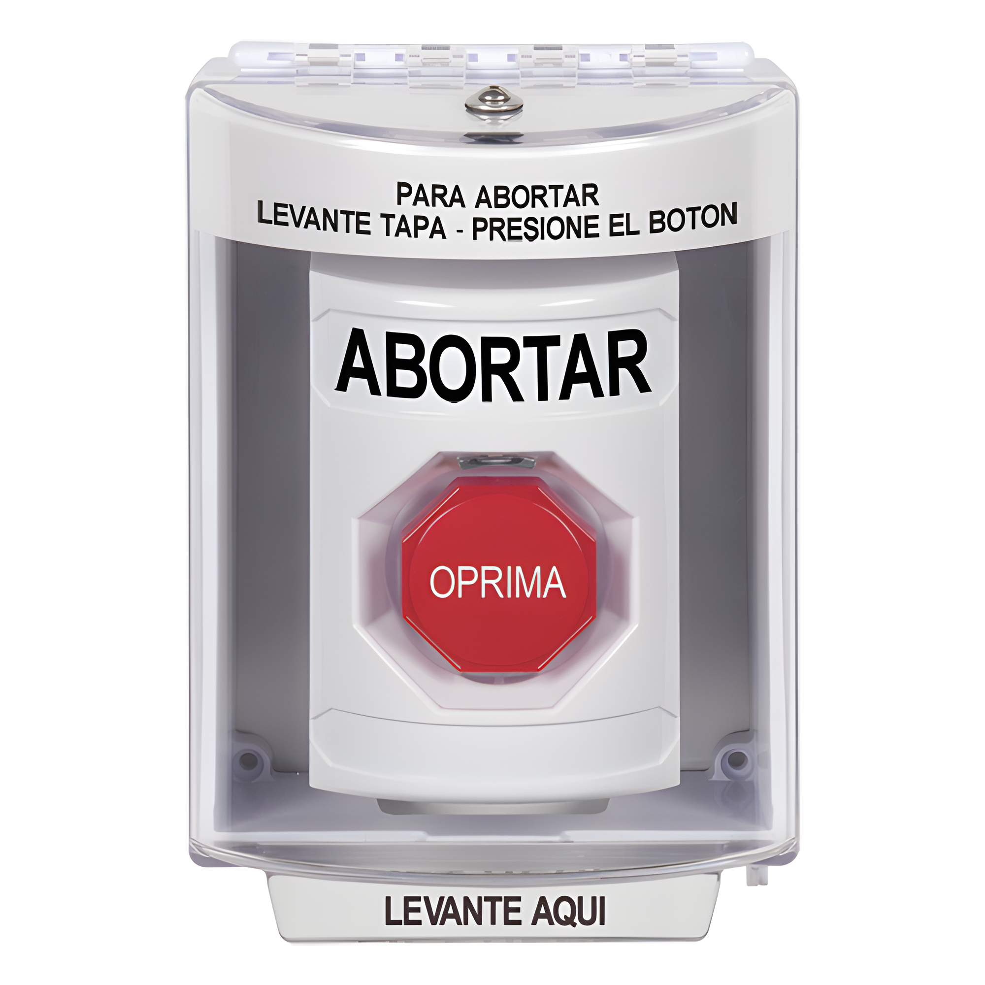 Botón de Abortar, Bocina de Advertencia Integrada, Texto en Español, Tapa Protectora de Policarbonato Súper Resistente con Espaciador, Restablecimiento con Llave — STI · SKU SS2382AB-ES