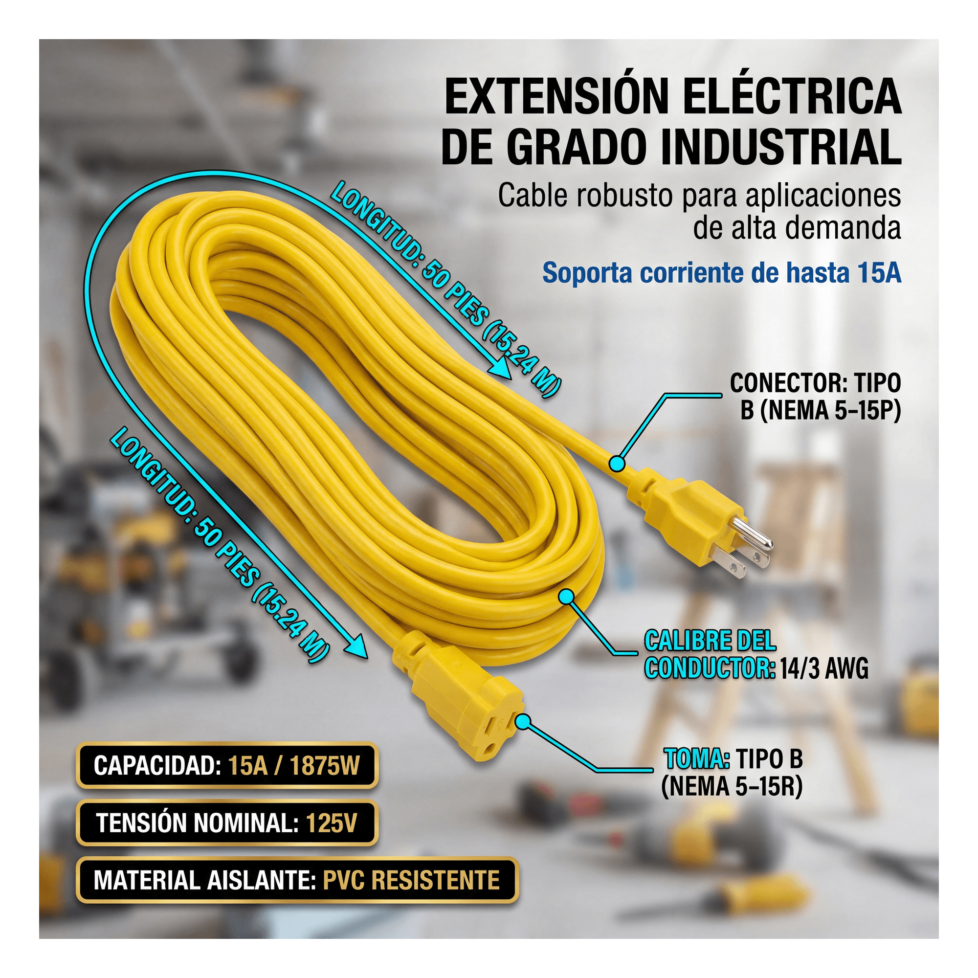 Extensión Eléctrica de Uso Rudo Aterrizada 15 metros / 127 V CA 10 A Máximo / Color Amarillo.