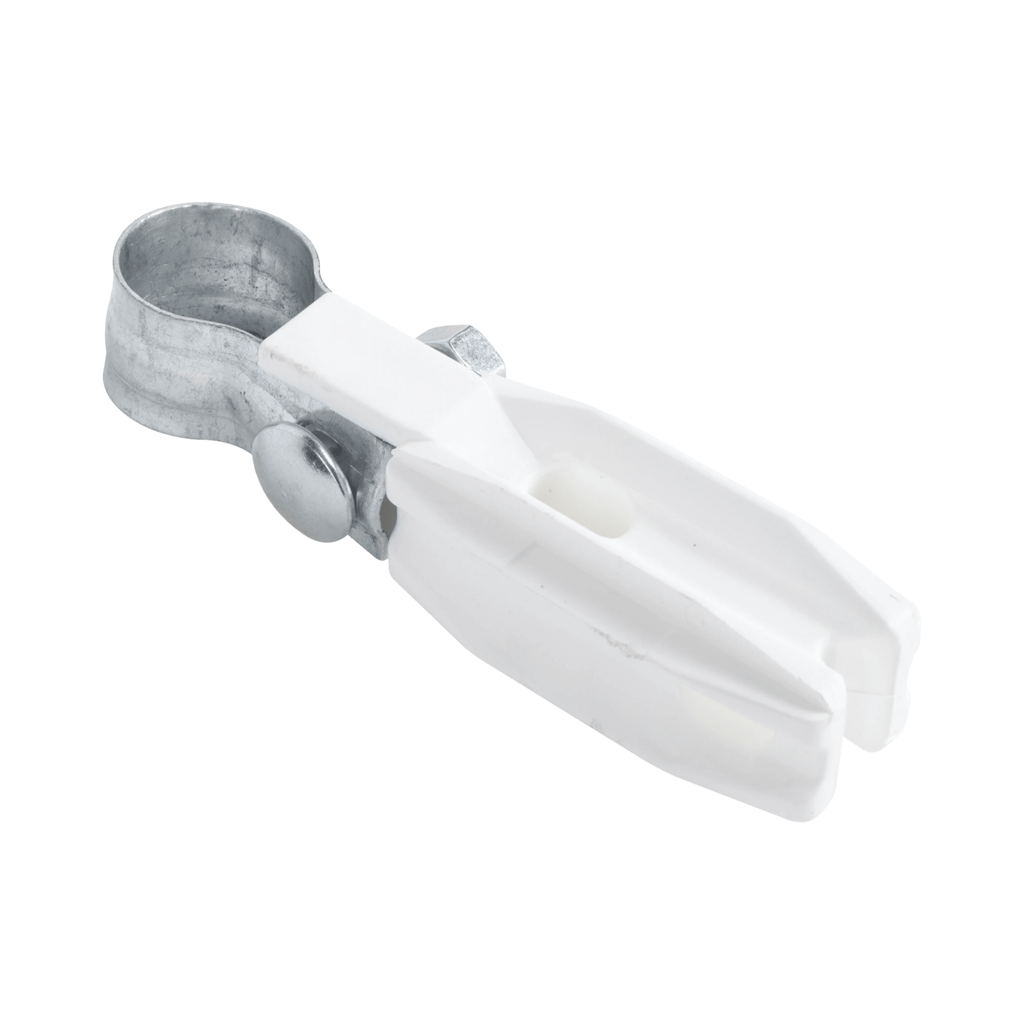 Aislador de paso o esquina de color Blanco con abrazadera incluida de 33-38mm para uso en tubería de malla ciclónica.