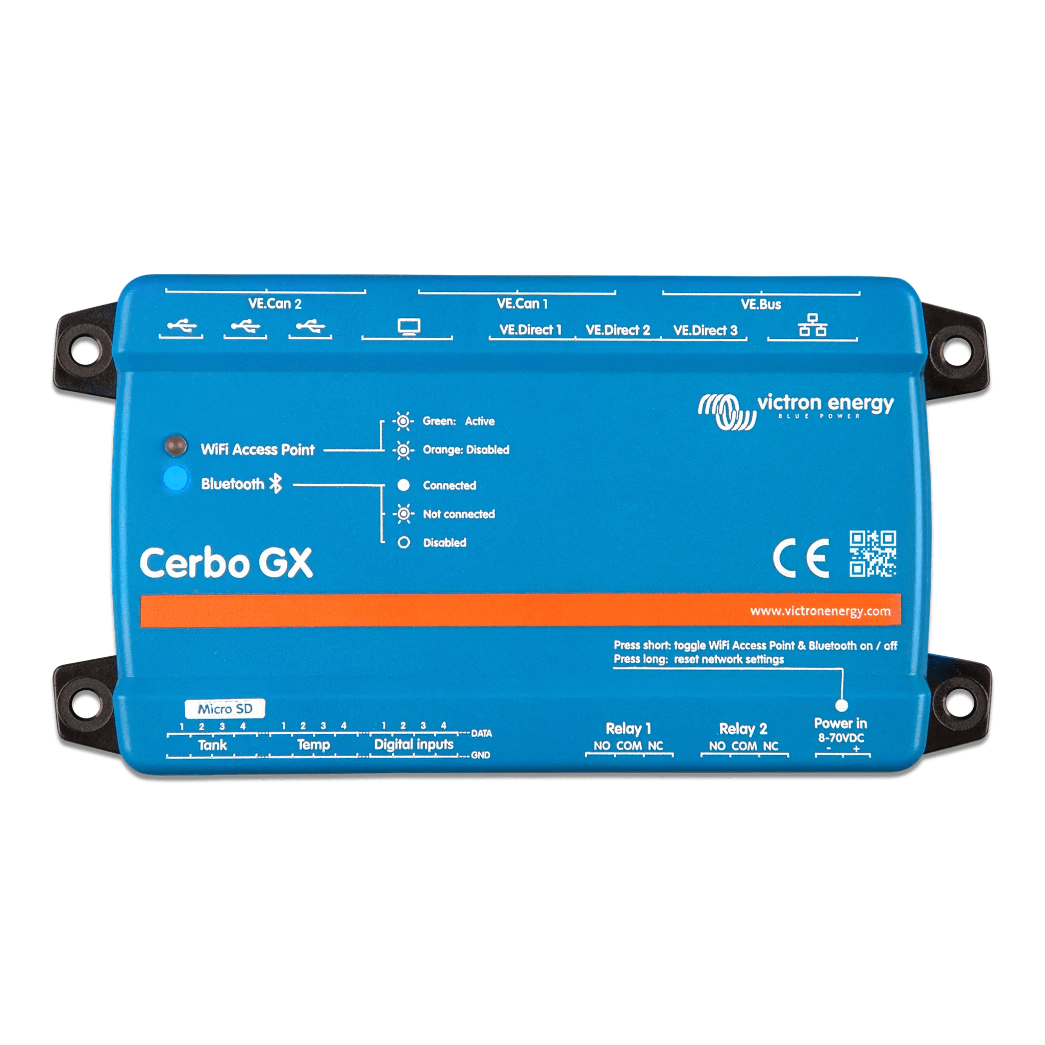 Centro de comunicaciones / Monitoreo remoto / Pantallas táctiles 5" y 7" / Conectividad Bluetooth / VRM / VE.Direct, VE.Bus, VE.CAN, USB — VICTRON ENERGY · SKU CERBOGXMK2