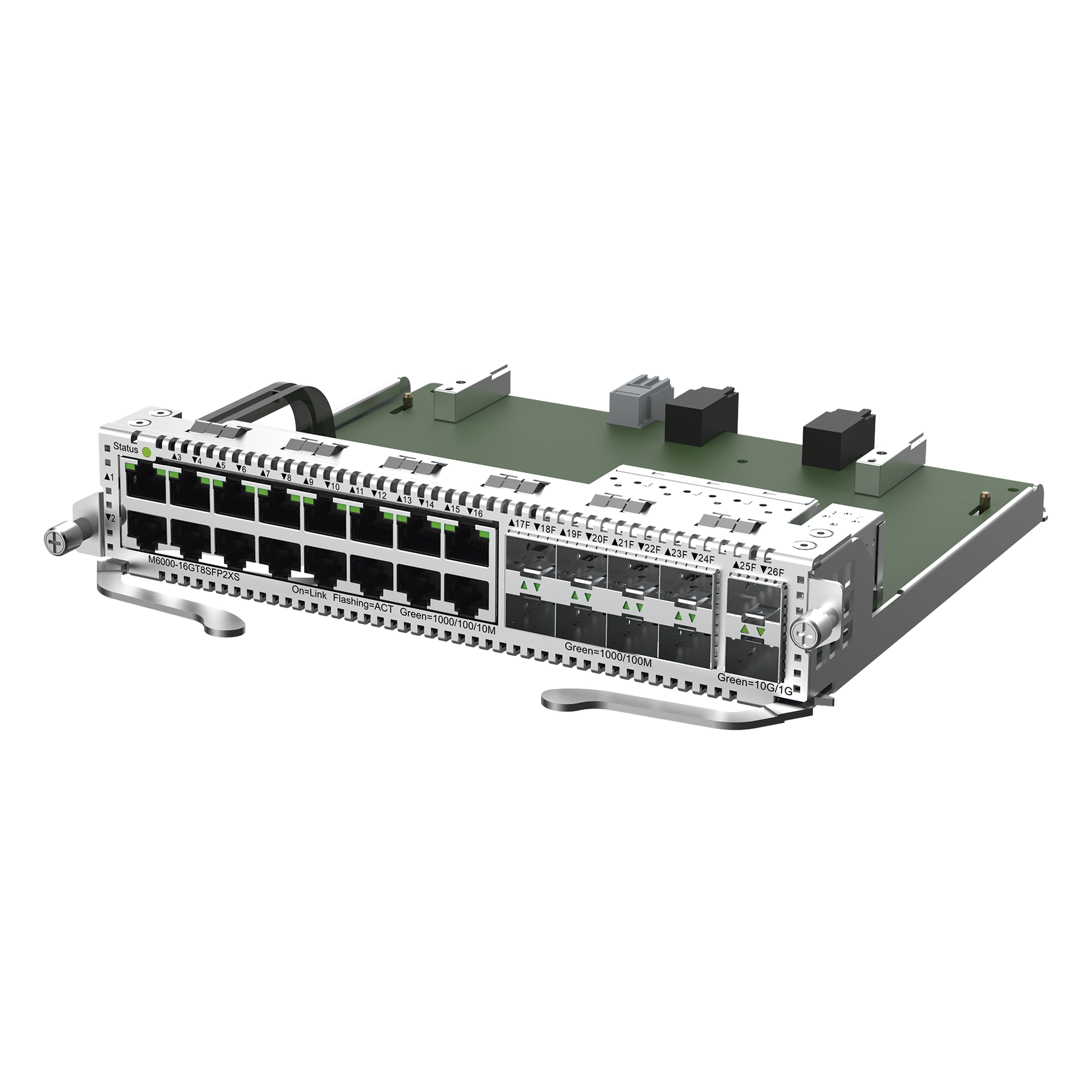 Tarjeta de Red con 16 puertos RJ45 1Gb, 8 puertos SFP 1Gb y 2 puertos SFP+ 10Gb para Chasis RG-NBS6002 — RUIJIE · SKU M6000-16GT8SFP2XS