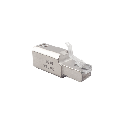 Plug RJ45 Cat6A Blindado, Terminación en Campo, Compatible con Todas las Categorías, con Clip Protector de Seguro