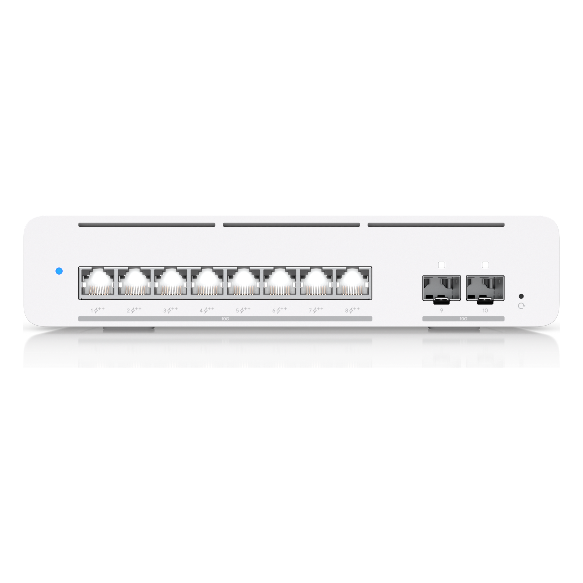 USW Pro XG 8 PoE Switch PoE++ Capa 3 Etherlighting™ de 8 Puertos 10GbE (Todos PoE++) y 2 Puertos SFP+ con Disponibilidad PoE de 155W — UBIQUITI · SKU USW-PRO-XG-8-POE