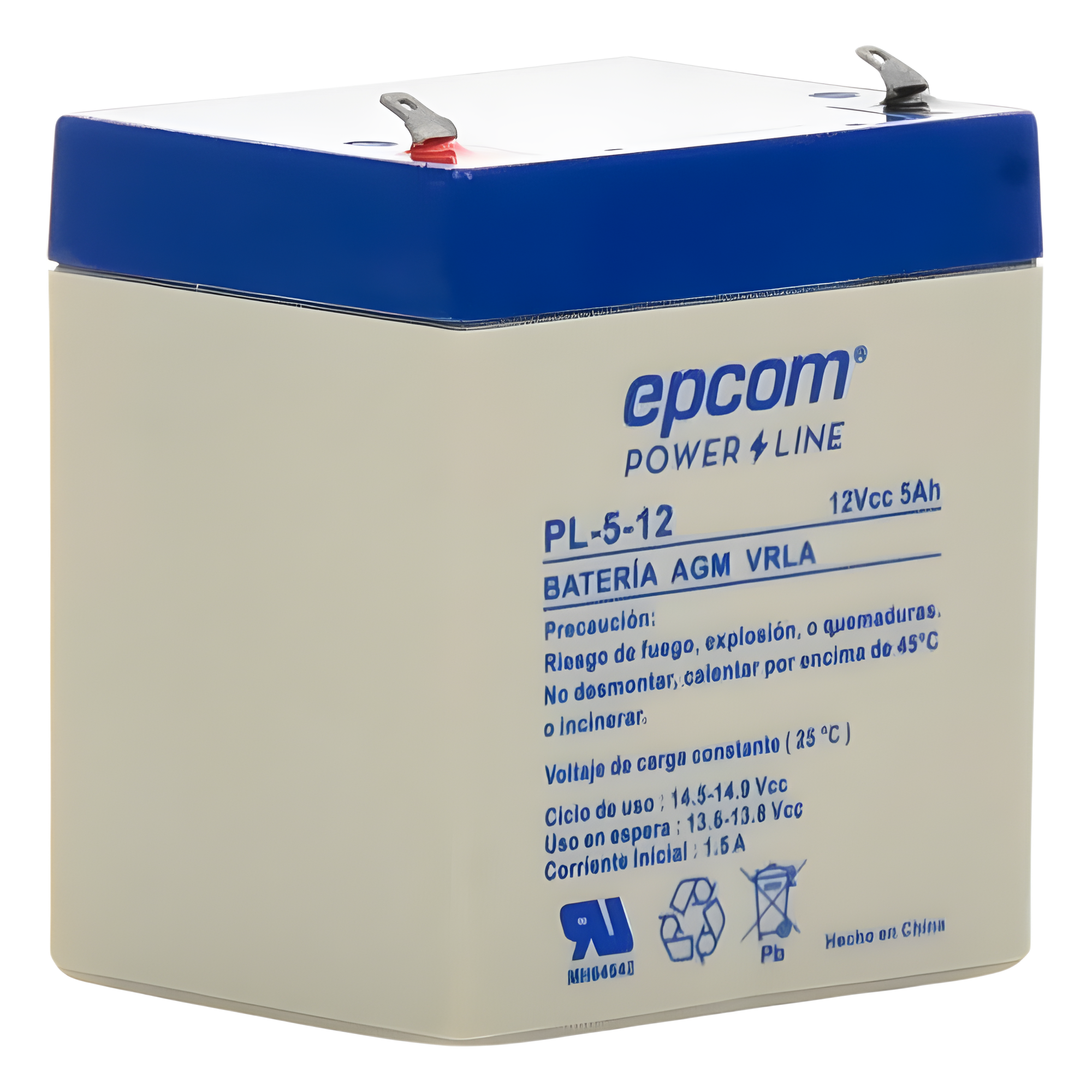 Batería 12 Vcc / 5 Ah / UL / Tecnología AGM-VRLA / Para uso en equipo electrónico Alarmas de intrusión / Incendio/ Control de acceso / Video Vigilancia / Terminales F1 / Cargador recomendado CHR-80.