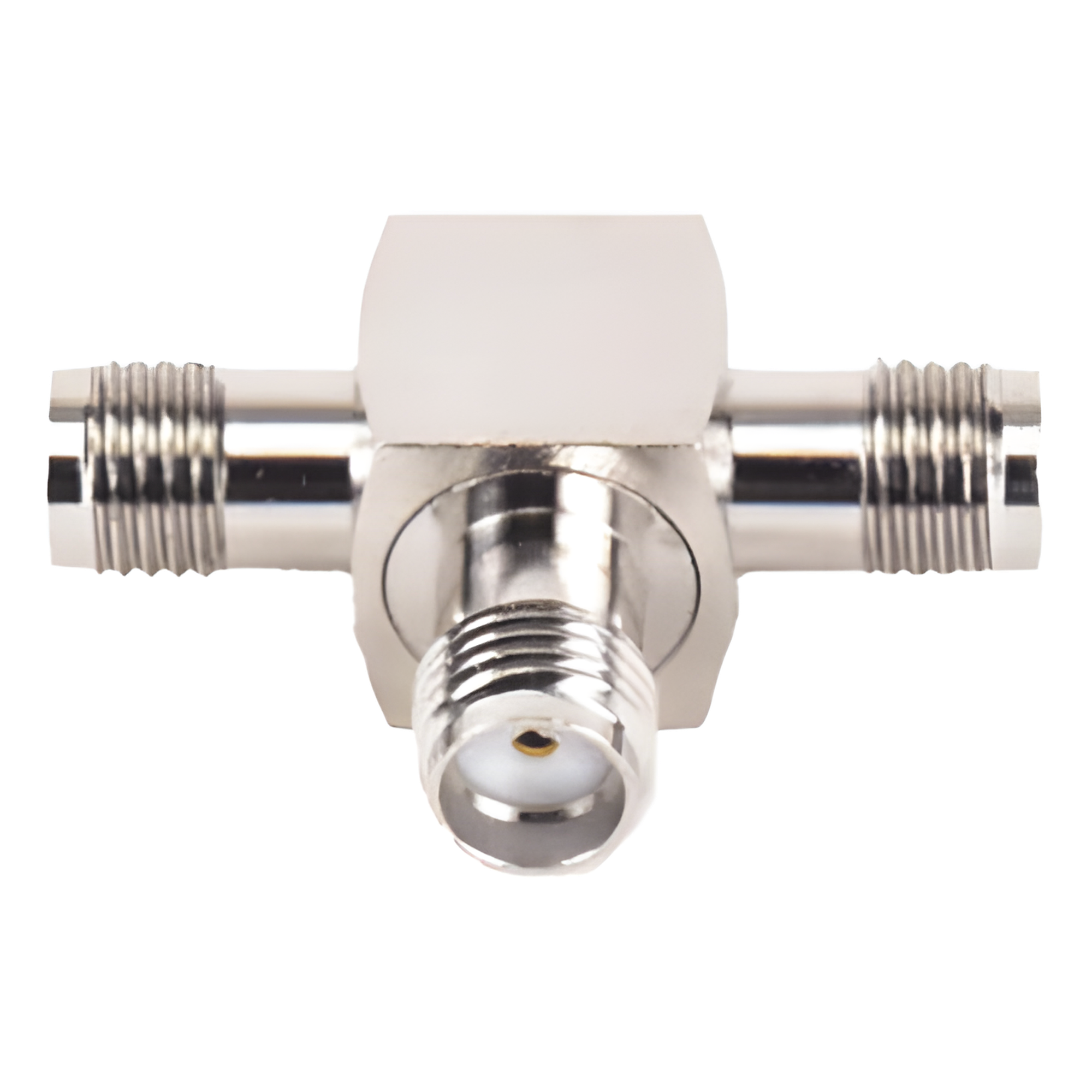 Adaptador en Forma T, de Triple Conectores SMA Hembra, Níquel/ Oro/ Teflón. — RF INDUSTRIES,LTD · SKU RSA-3401