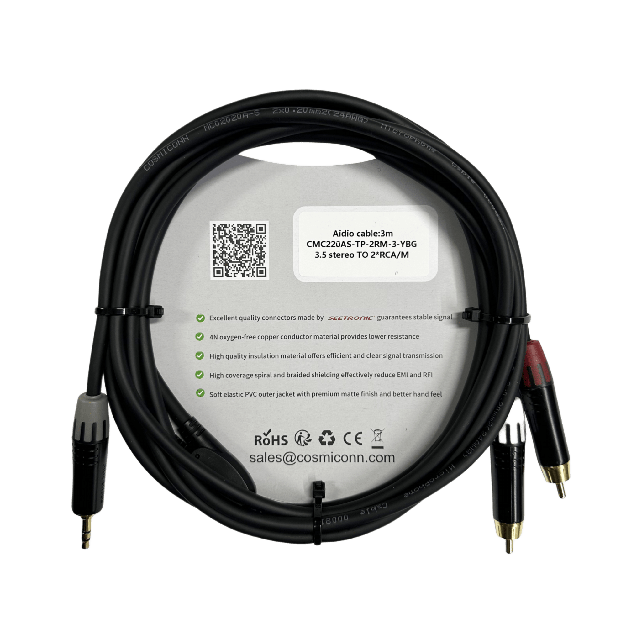 Cable 3.5mm a 2 RCA, conectores negros, con diferenciador de blanco y rojo en RCA MT380-RD - MT380-WH - MTP3C-BG, length 3m