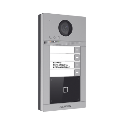 Videoportero IP 2 Megapixel / Llamada y Apertura Remota desde App Hik-Connect (Requiere monitor )/ PoE / Exterior IP65 + Antivandalico IK08 / 4 Departamento / Apertura con Tarjeta / Soporta 2 Puertas y hasta 6 Monitores