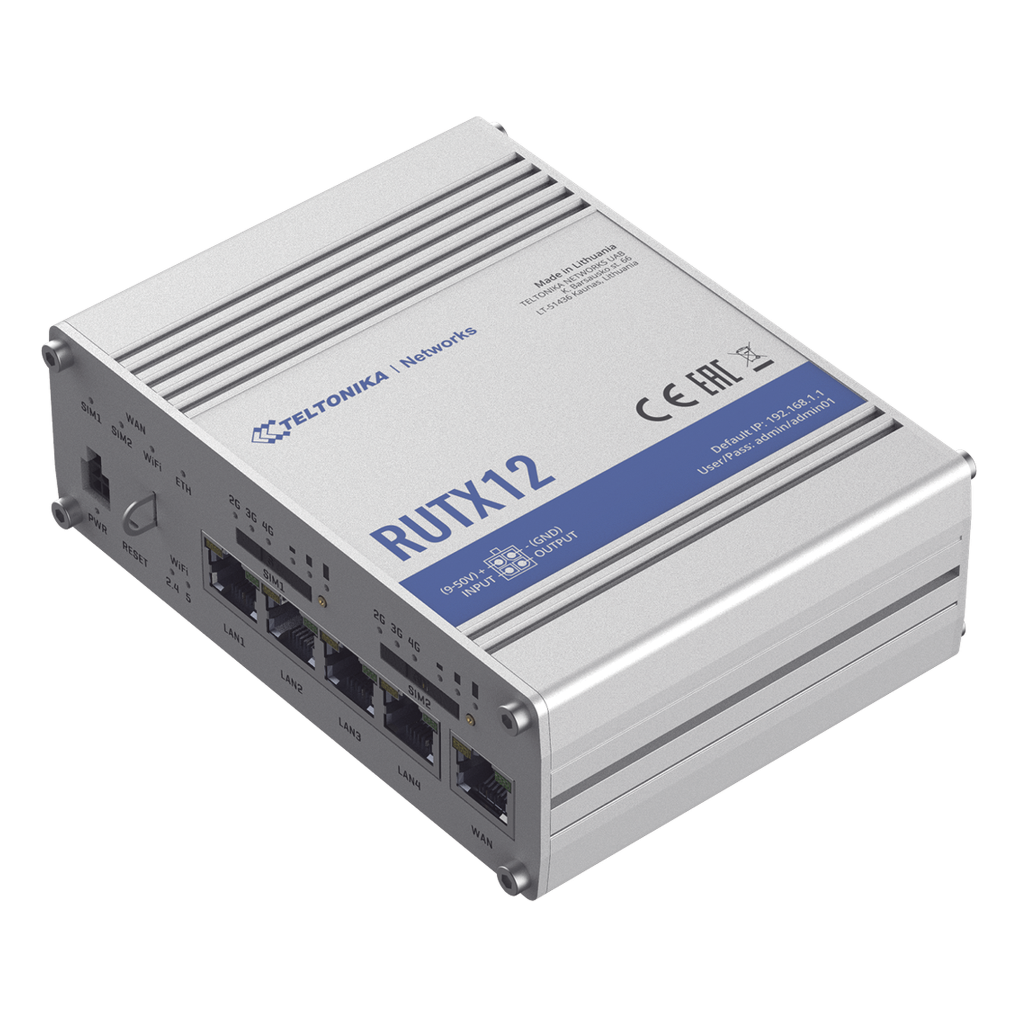 Router Industrial Dual LTE Cat 6 / 600 Mbps / 5 Puertos Gigabit / WiFi 5 / Doble SIM / GNSS / PoE / -40°C a 75°C — TELTONIKA · SKU RUTX12