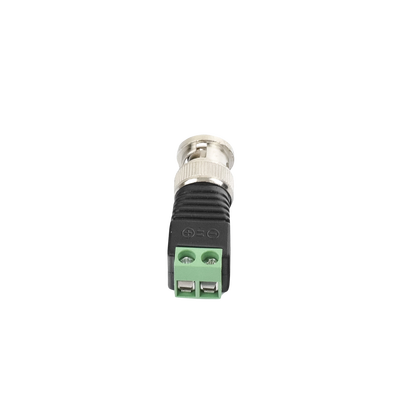 Adaptador de conector BNC macho a 2 terminales-tornillo para cables AWG-26-14, en aplicaciones Video Vigilancia, Níquel/ Oro/ PTFE y PVC.