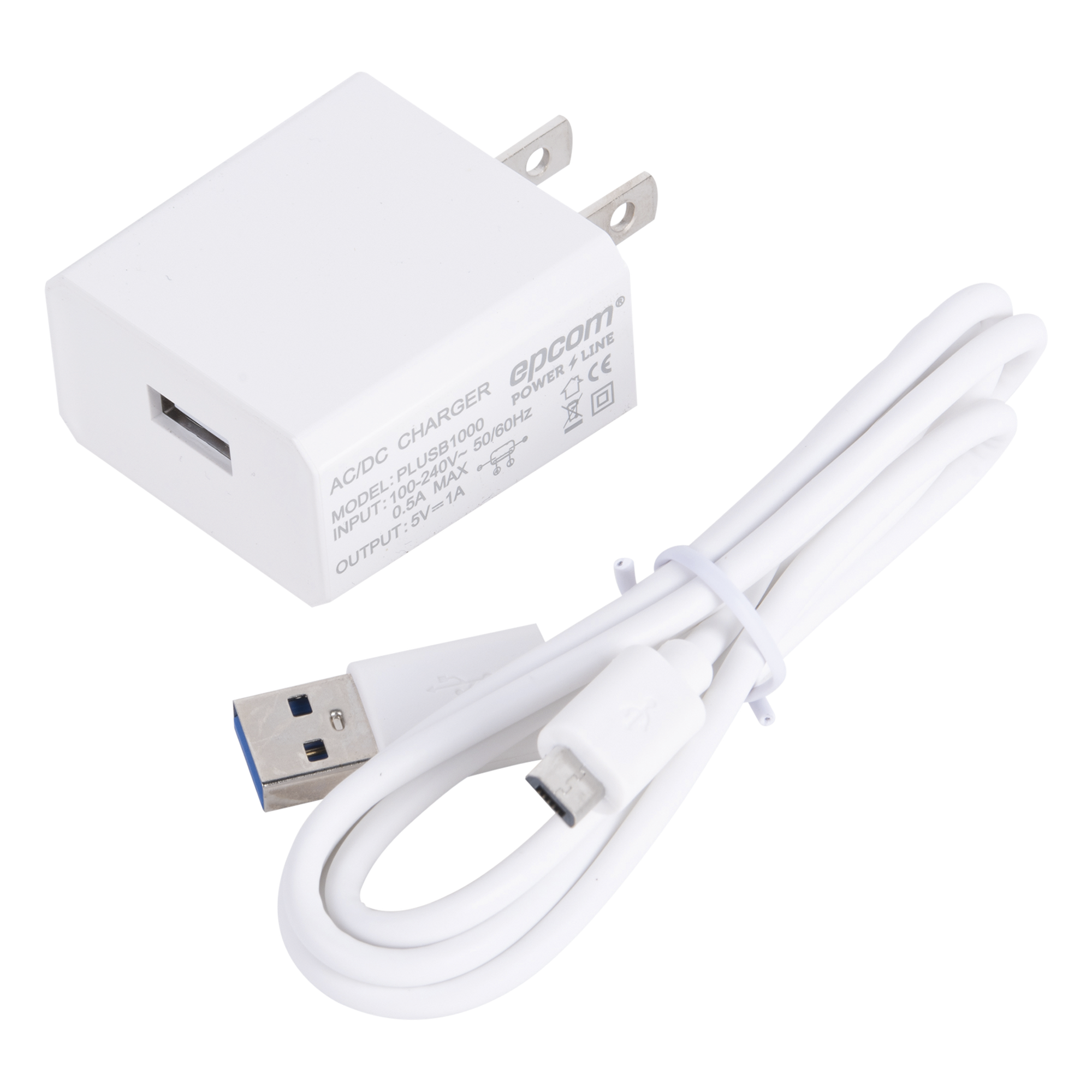 Cargador Micro-USB Profesional de 1 Puerto / 5 VCC / 1 Amper Para Smartphones y Tablets / Voltaje de Entrada de 100-240 VCA — EPCOM POWERLINE · SKU PLUSB1000V