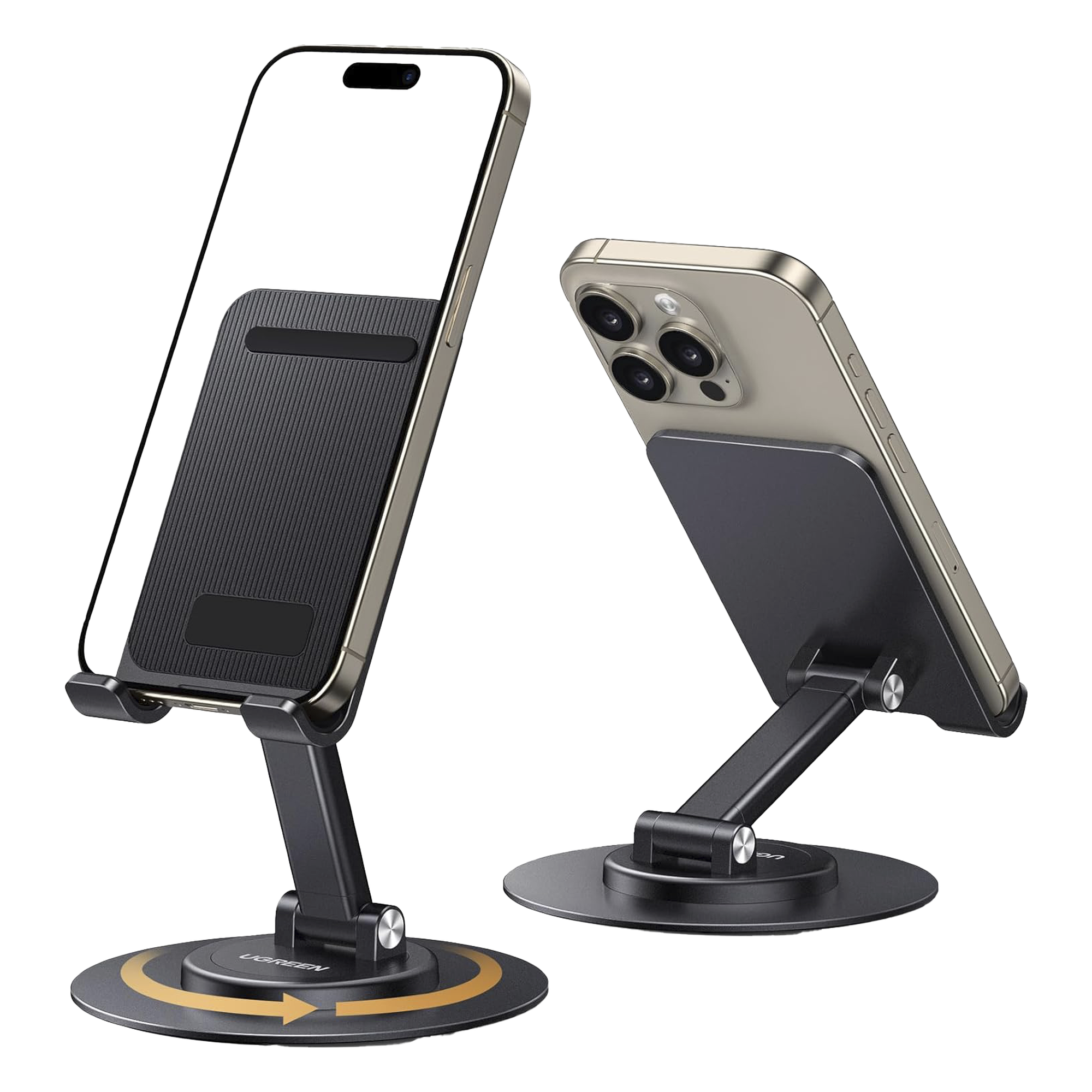 Soporte para Teléfono Celular Giratorio | 360° de Rotación | Angulo Ajustable | Altura Ajustable 17-20cm | Antideslizante | Ejes Giratorios de Alta Precisión| Plegable | Aluminio | Color Gris