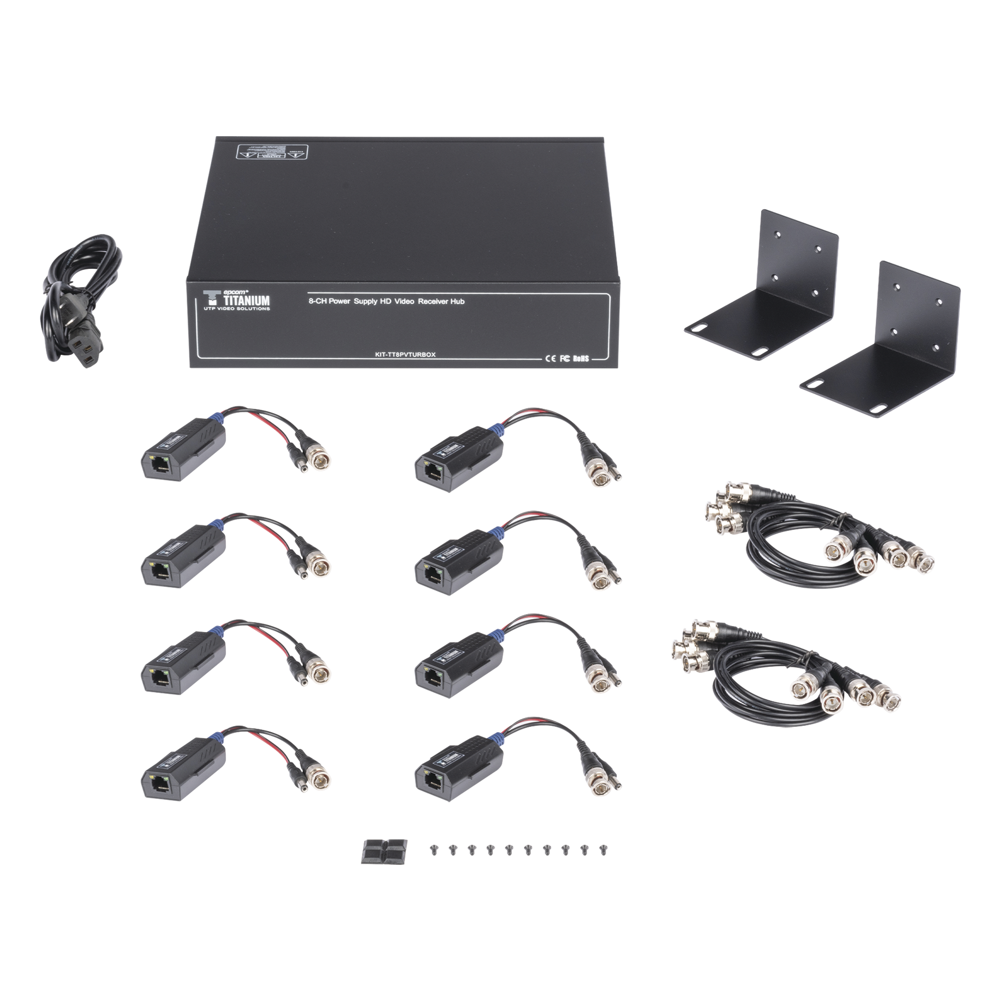 Kit de TRANSCEPTOR ACTIVO DE 8 CANALES / VIDEO+PODER en un solo Cable UTP / 150 metros en 4K, 200 metros en 5 MP/ Envía 36 Vcc y Recibe 12 Vcc / TODO INCLUIDO PARA RACK / Compatible con cámaras HD-TVI/CVI/AHD/CVBS / INSTALACIÓN LIMPIA — EPCOM TITANIUM · SKU KITTT8PVTURBOX