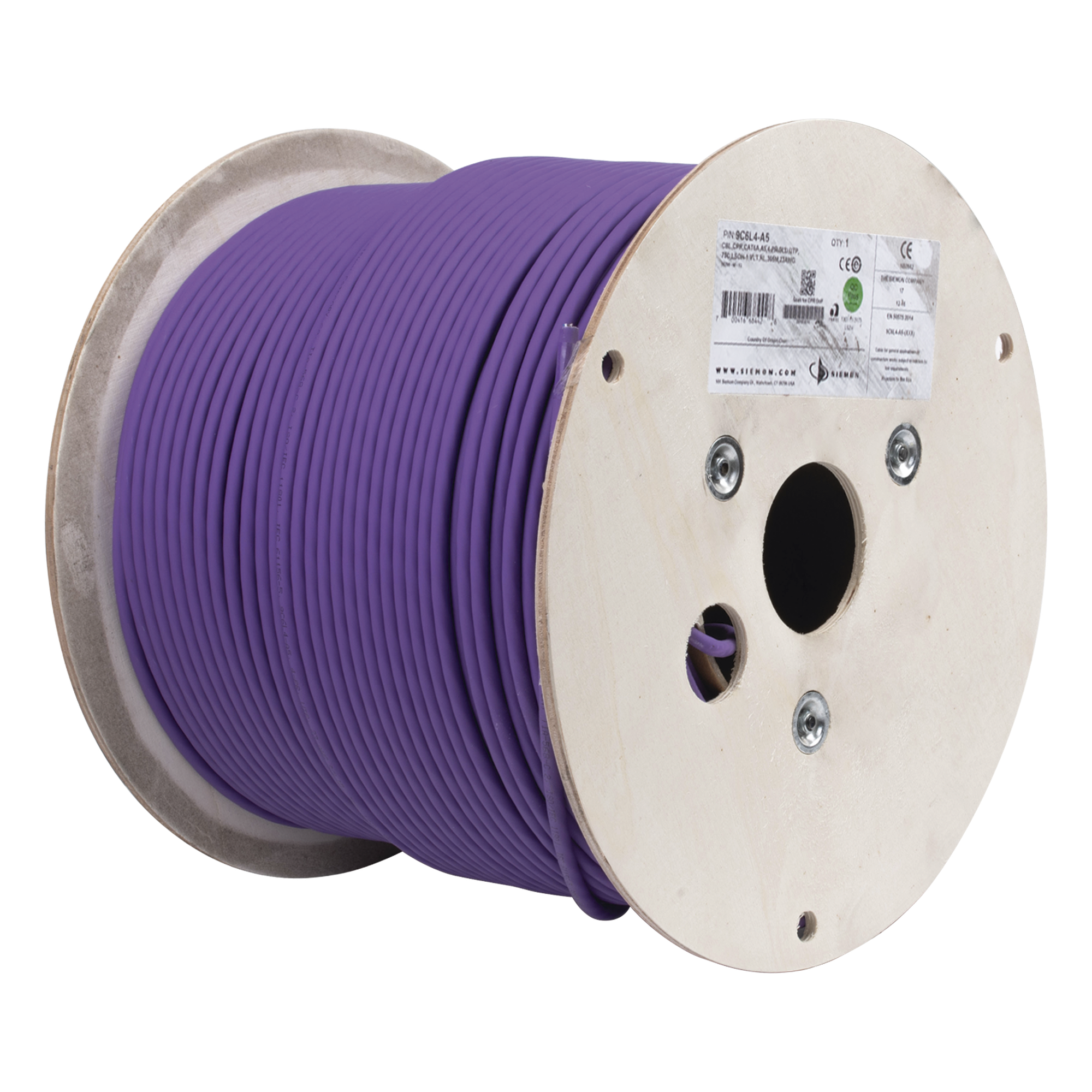 Bobina de Cable U/UTP de 4 Pares, Z-MAX, Cat6A, Soporte de Aplicaciones 10GBase-T, LS0H, Color Violeta, 305 Metros (1000 Pies) — SIEMON · SKU 9C6L4-A5