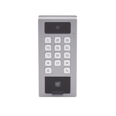 (PoE / 2 Relays) Terminal de Control de Acceso / Videoportero Multiapartamento Llamada a App / Teclado / Exterior Antivandálico IP65 & IK09 / Huella, Tarjeta, Código QR, PIN o App Hik-Connect / Cámara 2 MP compatible con NVRs