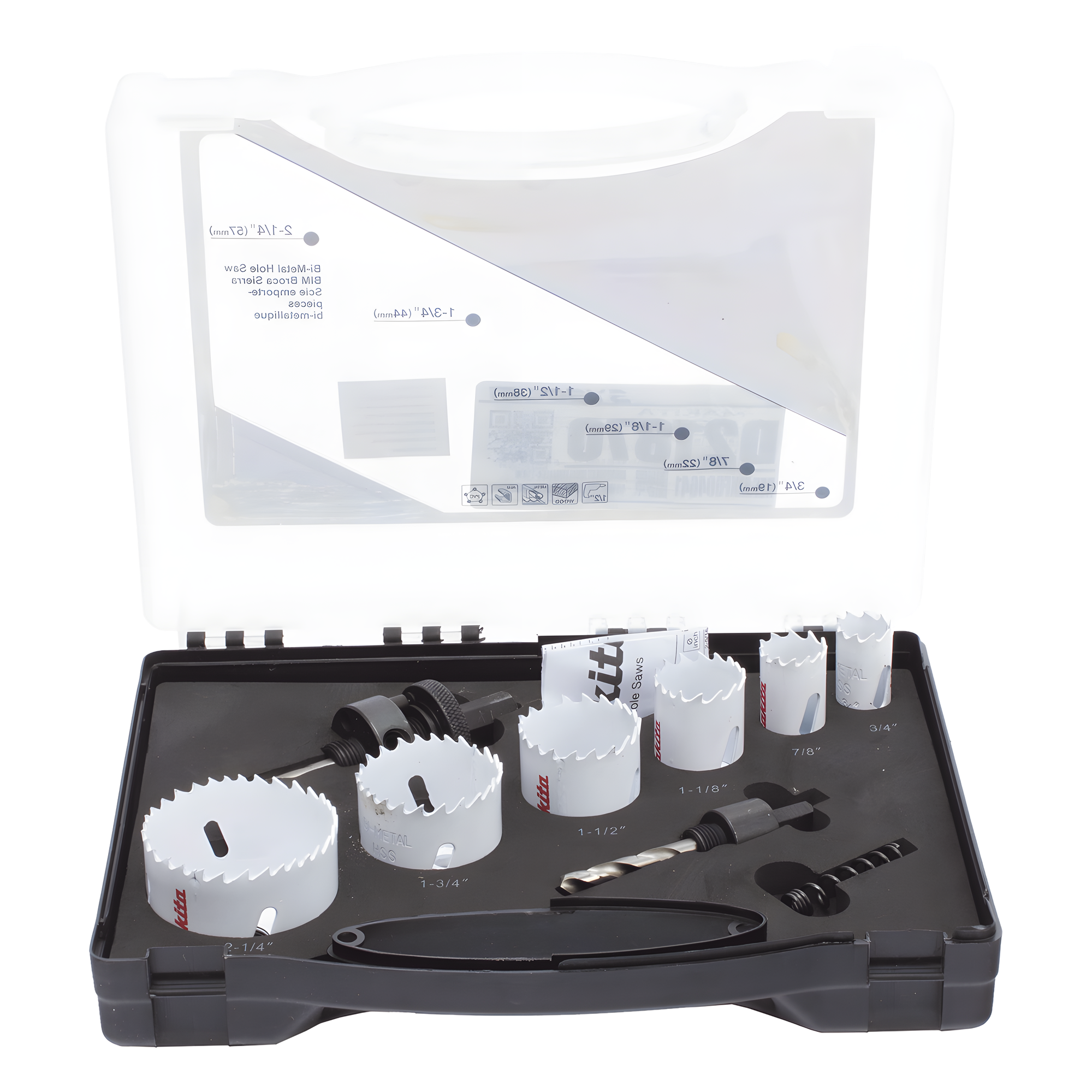 Kit de broca sierras (3/4 - 2 1/4 in) incluye 6 piezas de broca sierras, 2 adaptadores y resorte de expulsión. — MAKITA · SKU D-21870