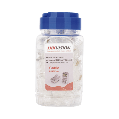 Bote con 100 Piezas de Plug Modular RJ45 / Cat 5e / Chapado en Oro a 15 Micras / Sin Blindaje / Facil Instalación / Uso Interior / Soporta Norma TIA-568B / Cumple con RoHS 2.0 — HIKVISION · SKU DS-1M5EUA-15U