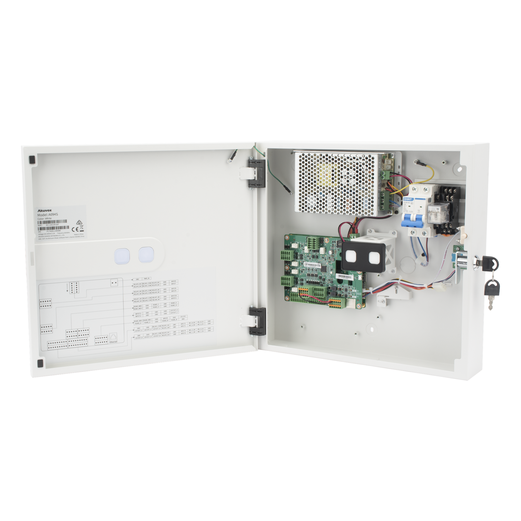 Controlador de Acceso para 4 puertas / Administrable 100 % en la Nube / Compatible con Teclado Wiegand de Terceros / PIN para visitas desde la APP / Capacidad de batería de respaldo / Función de Anti-Passback / 50,000 Tarjetas — AKUVOX · SKU A094S