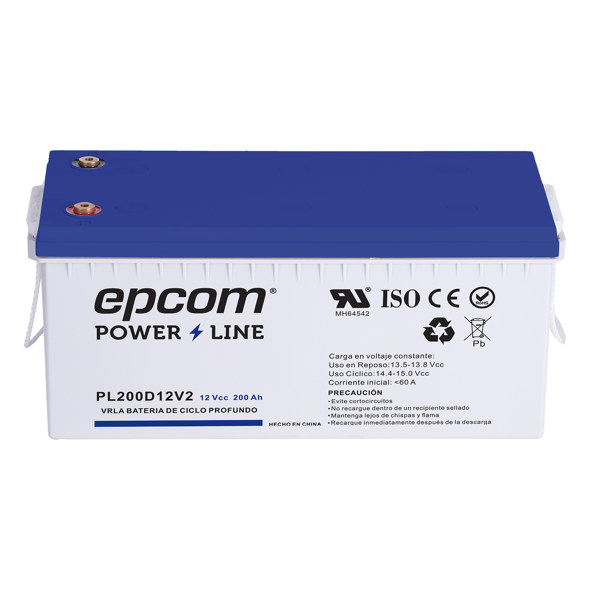 Batería de respaldo 12 V 200 Ah AGM | Certificada UL94-HB Retardo a la flama básica | Ciclo profundo | Para uso en aplicaciones fotovoltaicas y de emergencia | Terminales T5 — EPCOM POWERLINE · SKU PL200D12V2