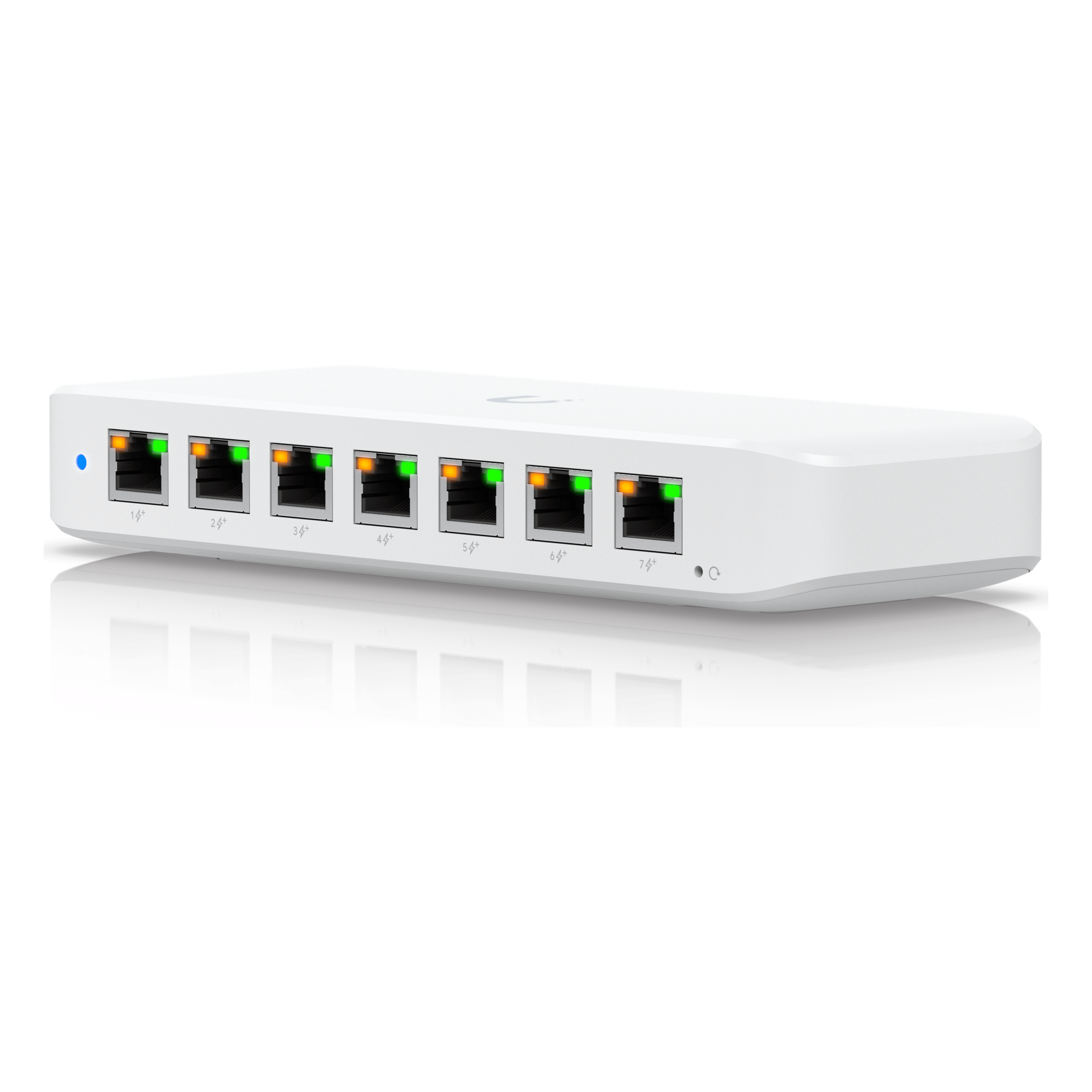 USW Ultra 210W Switch de 8 Puertos GbE (7 Puertos PoE+ y 1 Puerto Entrada PoE++) con Opciones de Montaje Versátiles — UBIQUITI · SKU USW-ULTRA-210W