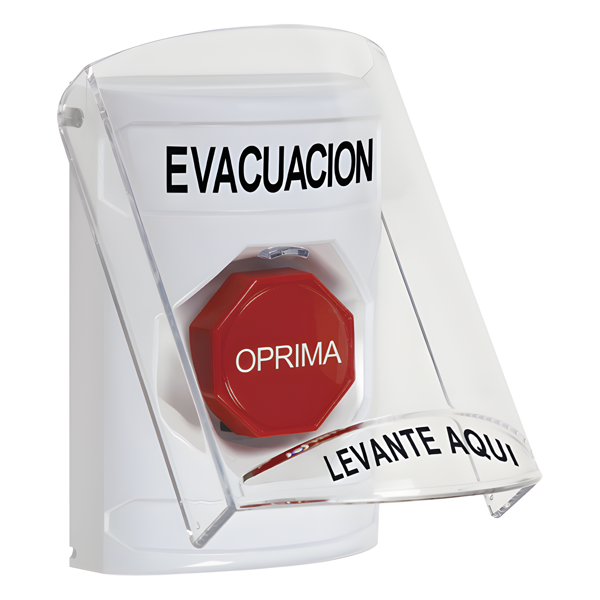 Botón de Evacuación, Texto en Español, Tapa Protectora de Policarbonato Súper Resistente, Restablecimiento con Llave — STI · SKU SS2322EV-ES