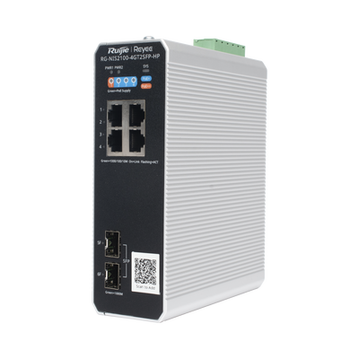 Switch Industrial PoE+ hasta 180 watts , Ideal para temperaturas Extremas y protección contra descargas, 1 puerto PoE++ 60W y 3 puertos PoE+ 30W, 2 SFP Uplink