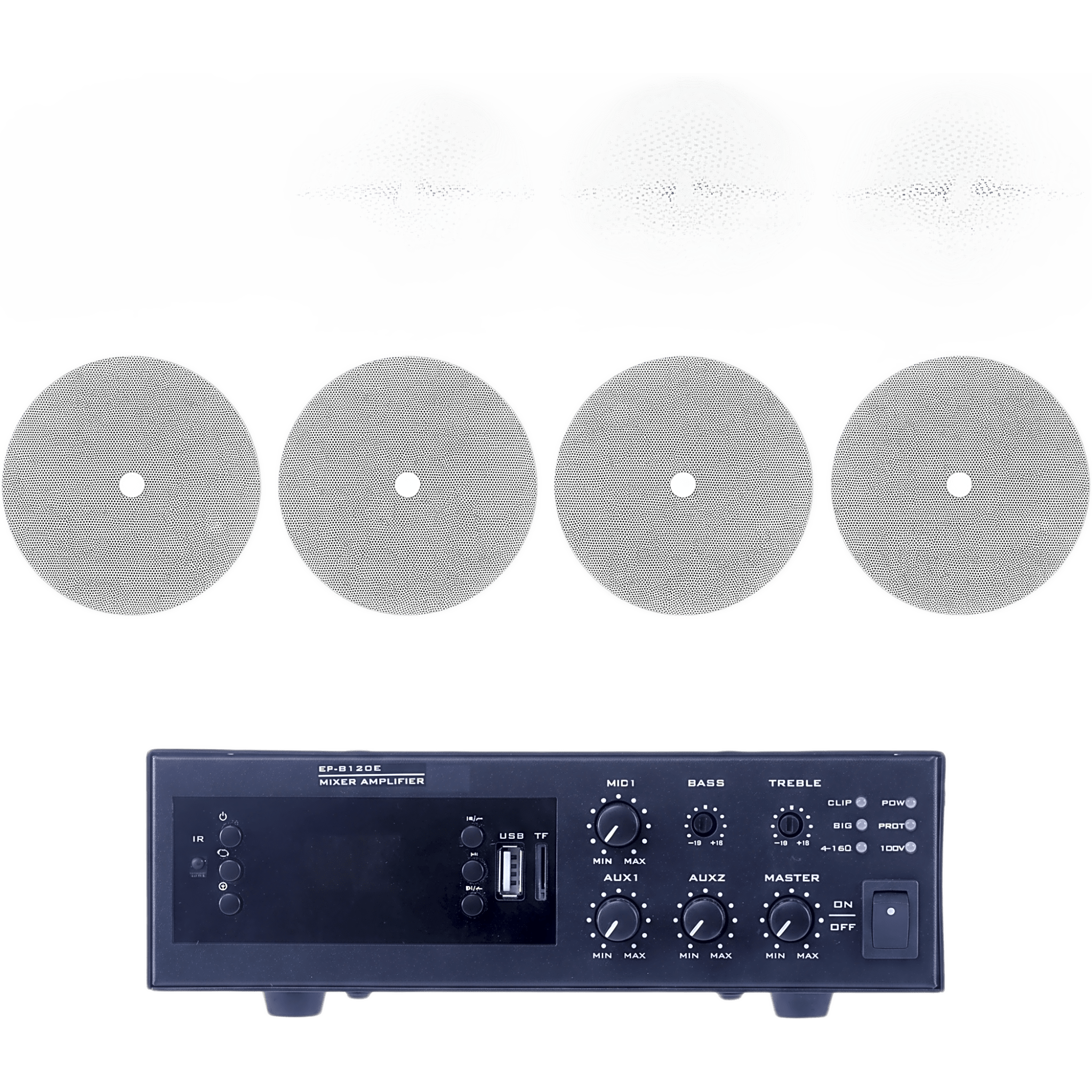 KIT de Amplificador de 120W para Escritorio | 4 Altavoces de Techo de 6" | 20W | Sistema 70/100V — EPCOM PROAUDIO · SKU EPB120E/4CST
