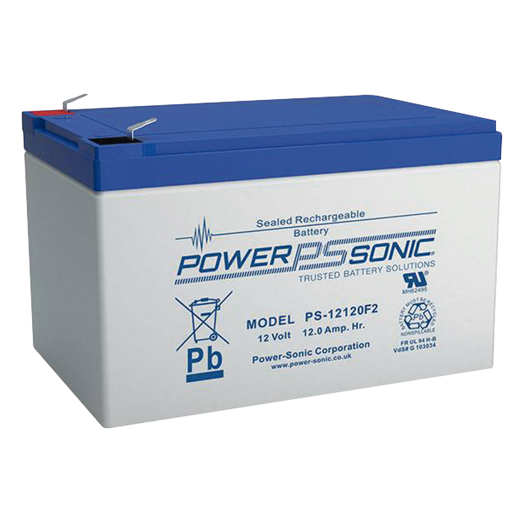 Batería 12V Recargable, 12AH, Para Respaldo, Tecnologías AGM/VRLA, 5 Años Vida Útil, Terminales tipo F2, Reconocida UL , Sin Mantenimiento, Sin Derrames — POWER SONIC · SKU PS-12120-F2