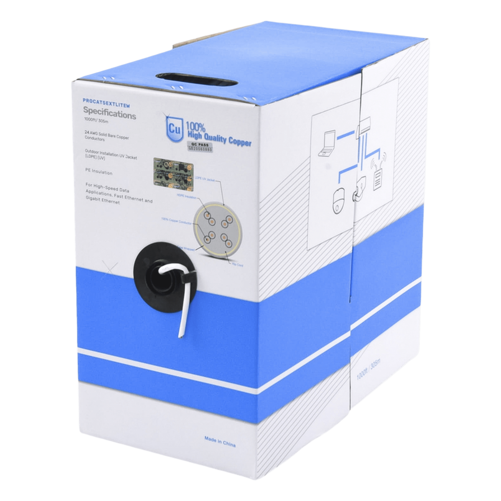 Bobina de Cable UTP Cat5e para Exterior en Color Blanco / 305 Metros (1000 Pies) / Certificada UL / Sin Blindaje
