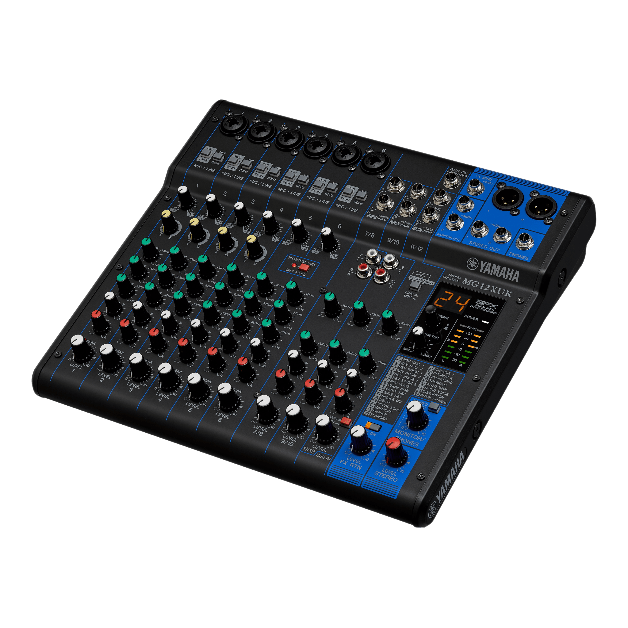 Mezcladora de Audio | 12 Canales | 6 Entradas de Micrófono/línea | 2 Entradas Estéreo | Efectos Integrados | Alimentación Phantom | USB | Con Perillas de Nivel — YAMAHA · SKU MG12XUK