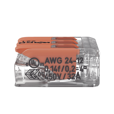 Borne de Conexión con Palancas / 3 Conductores / Carcasa Transparente / Tecnología CAGE CLAMP® / 4 mm² (12 AWG) / 450V 32A / T85