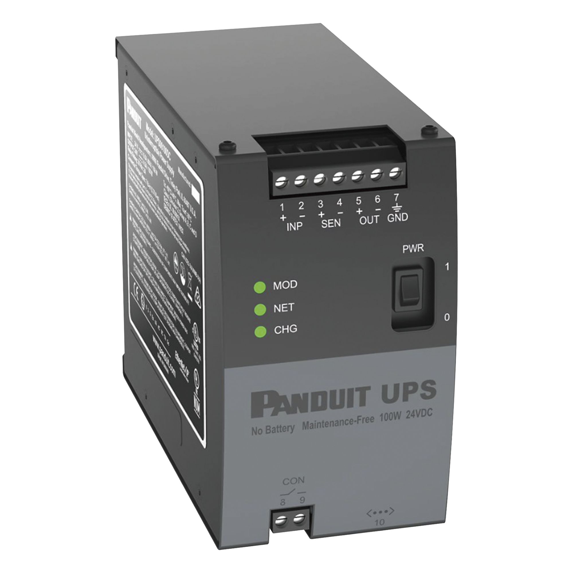 UPS Industrial de 100 Watts, 24 Vcd de Entrada, Instalación en Riel DIN Estándar de 35mm, Temperatura de operación de -40 a 60 ºC — PANDUIT · SKU UPS00100DC