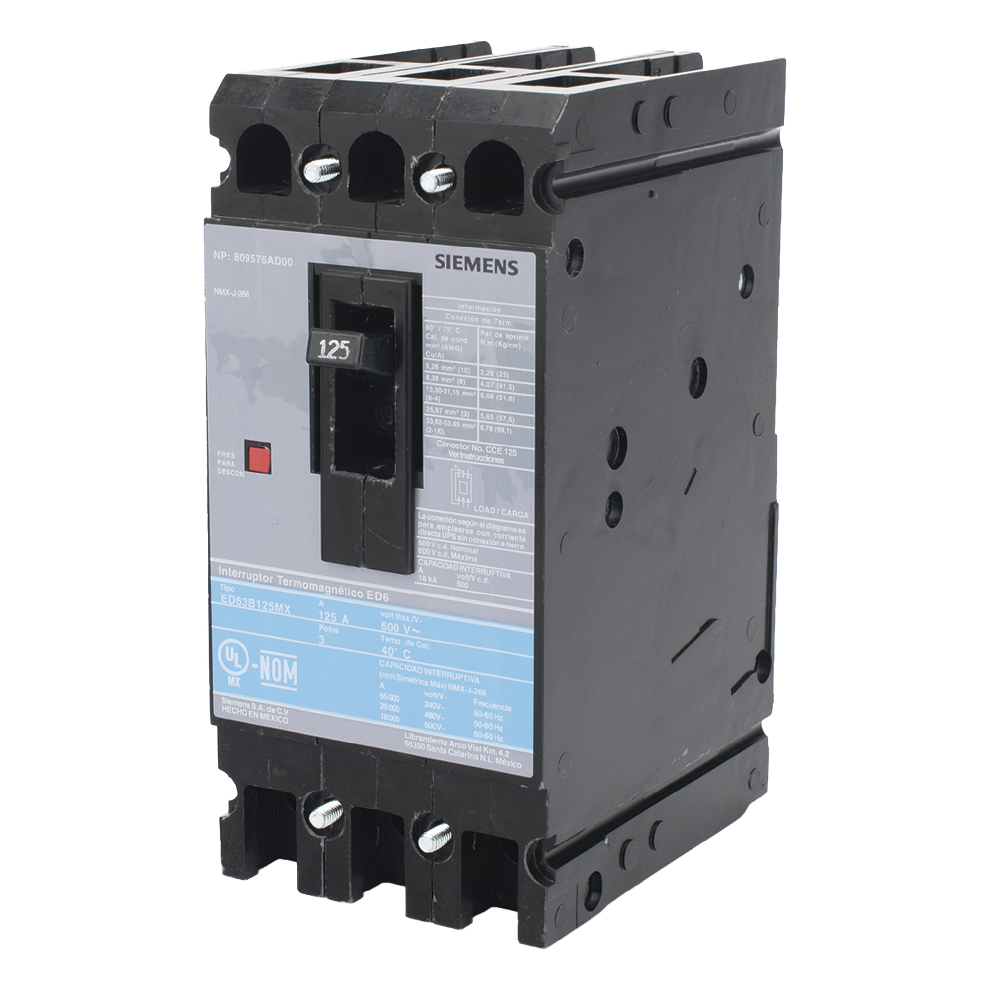 Interruptor Termomagnético ED6 600V 3X125A, Sin zapatas principales. — SIEMENS · SKU ED63B125MX