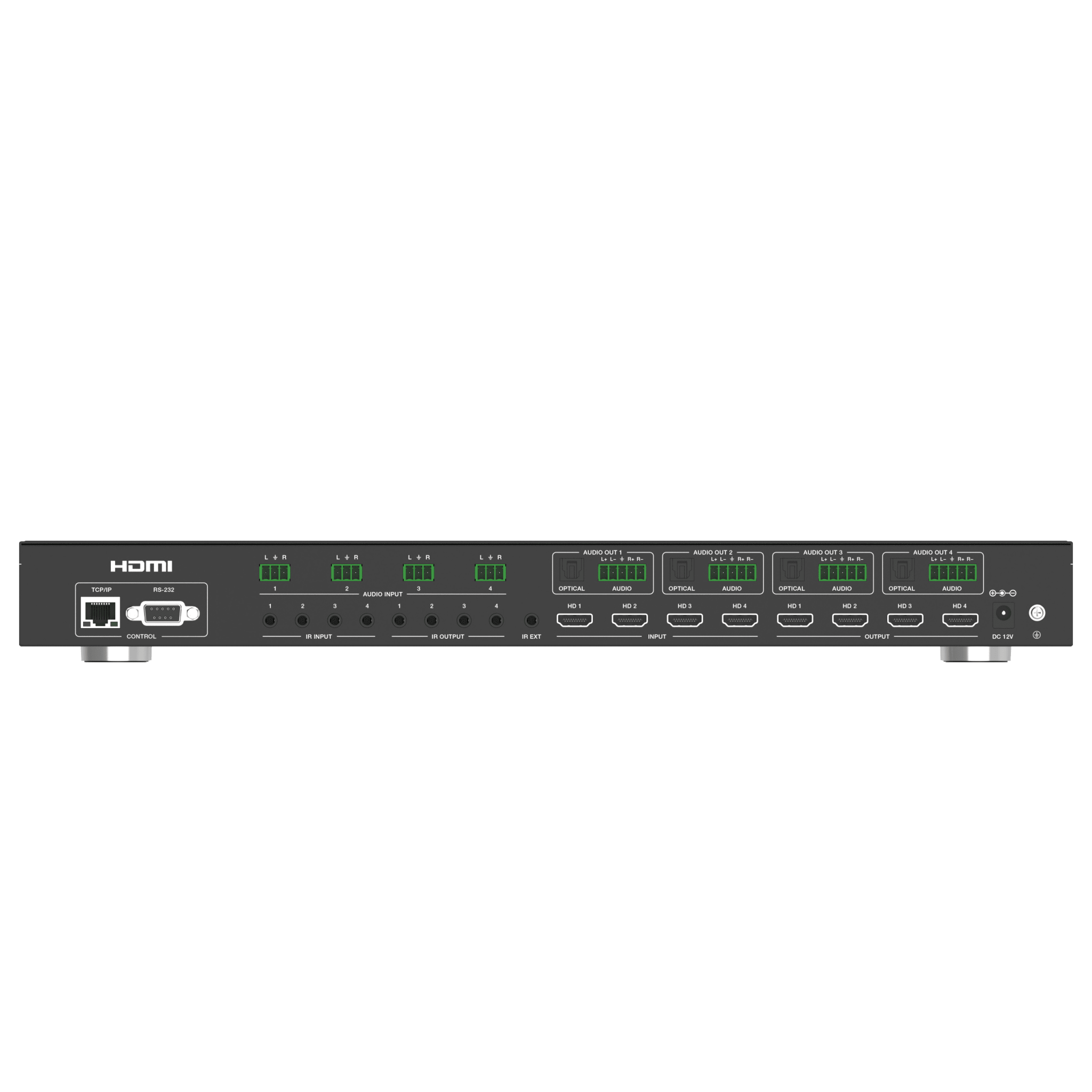 Switch de Video Matrix 4x4 HDMI 2.0 | 18Gbps Ancho de Banda | 4K2K@60Hz Resolución | 4 Entradas 4 Salidas HDMI | Audio LPCM y Dolby Digital | Control TCP-IP y RS-232 | Conectores Phoenix para Audio | Metal Enclosure