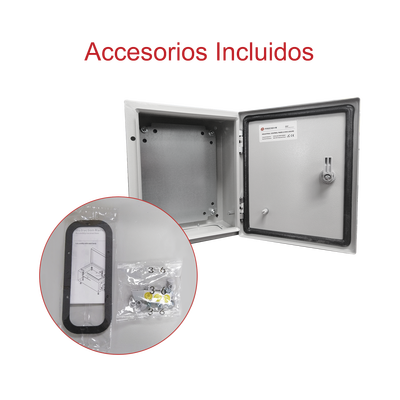 Gabinete de Acero IP66 Uso en Intemperie (400 x 400 x 200 mm) con Placa Trasera Interior de Metal y Compuerta Inferior Atornillable (Incluye Chapa y Llave T).