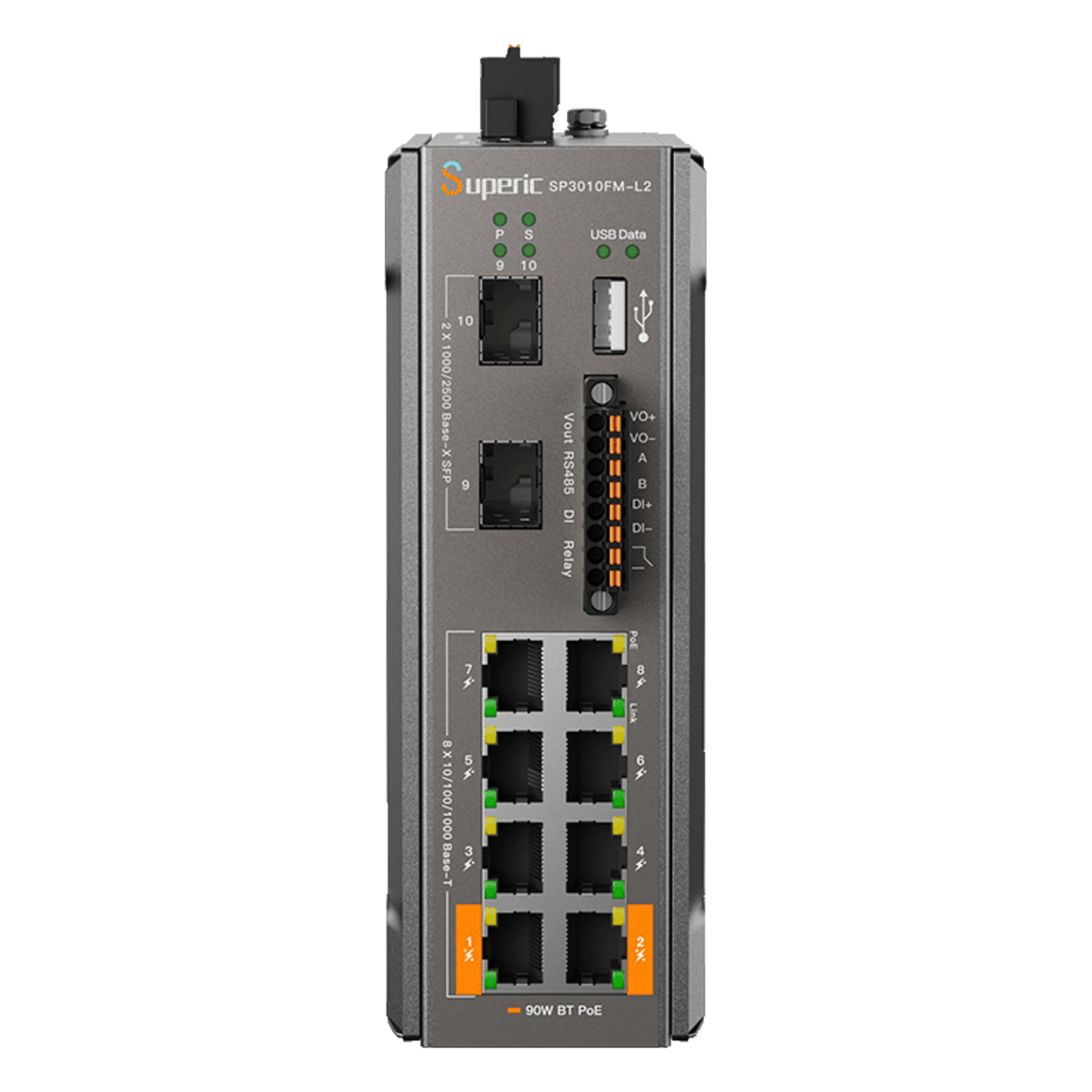 Switch de Red SP3010FM-L2 (V3) / 8 Puertos 10/100/1000Mbps PoE / 2 Puertos SFP 1000M/2.5Gbps / 240W PoE Budget / 26Gbps Capacidad de Conmutación / 19.3Mpps Tasa de Reenvío / DIN-Rail, Pared, Escritorio / -40℃~75℃ / CE, FCC, RoHS, UKCA, RCM