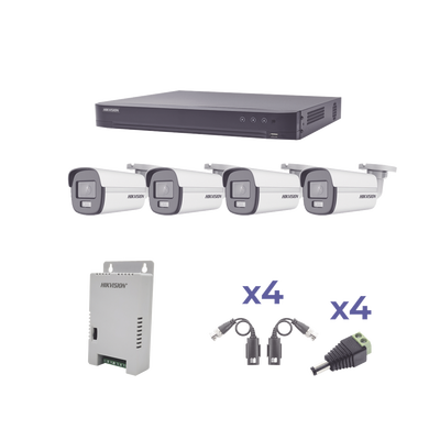 KIT COLORVU TURBOHD 1080p / DVR 4 Canales / 4 Cámaras Bala (exterior) lente 2.8mm / Fuente de poder profesional / Transceptores de video y Accesorios de corriente — HIKVISION · SKU KH1080P4BC