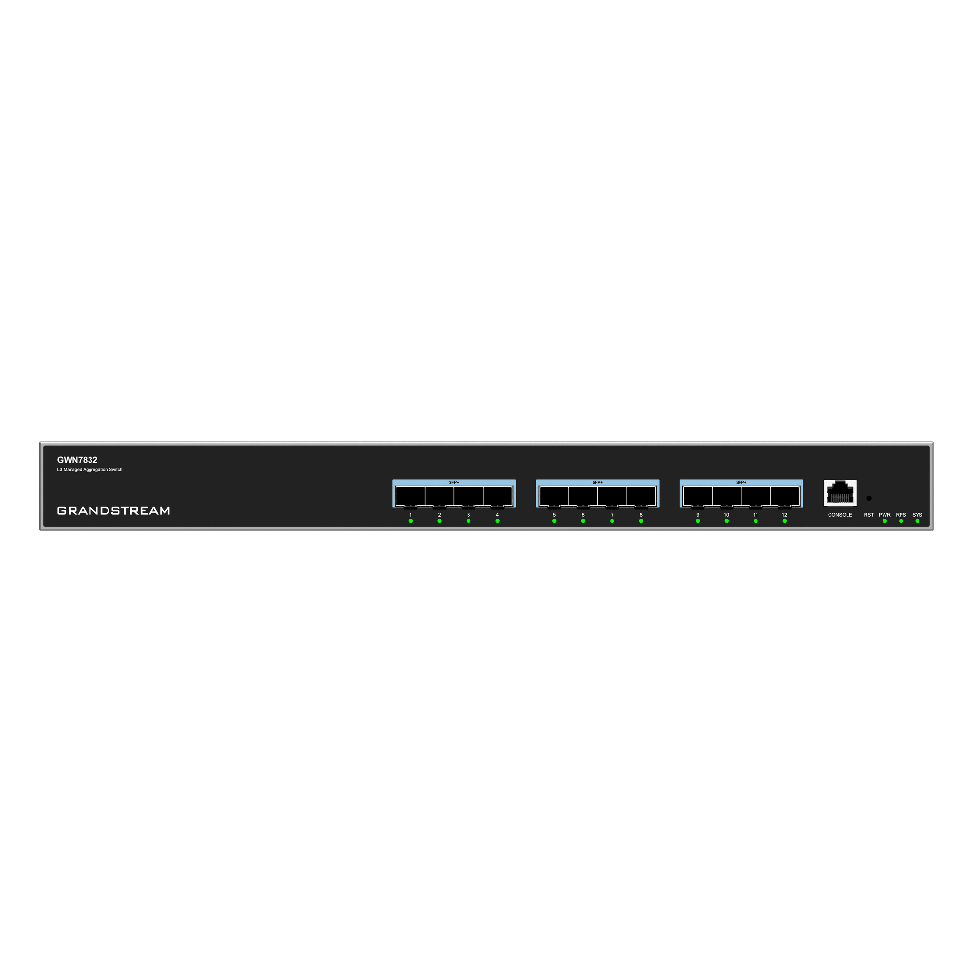 Switch de Agregación Capa 3 / 12 Puertos 10Gigabit SFP+ / QoS Integrada / Soporte IPv6 e IPv4 / Seguridad Avanzada / Stacking / — GRANDSTREAM · SKU GWN7832