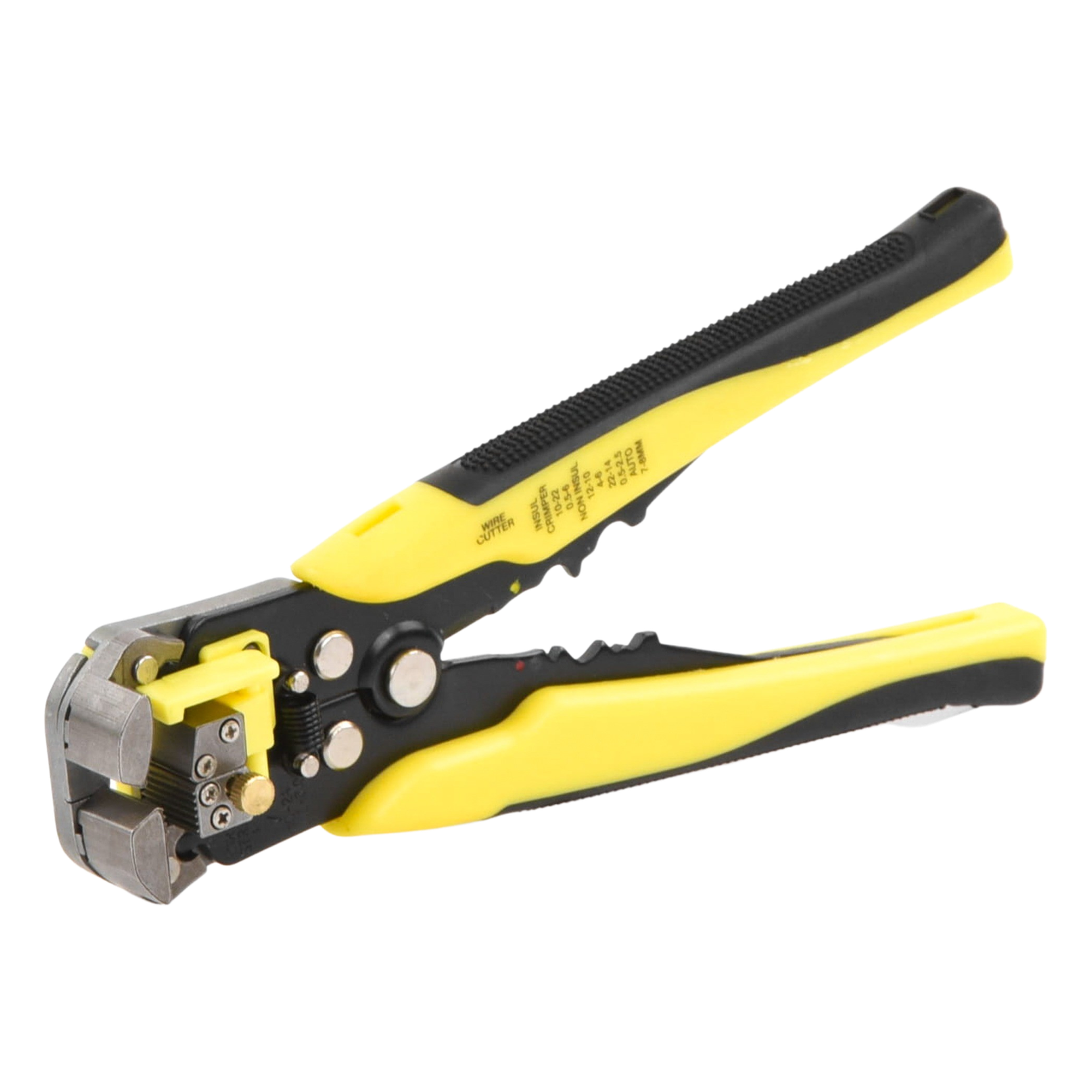 Pinza multifuncional Pelacables, con terminal de pestaña, prensado automático de color amarillo.