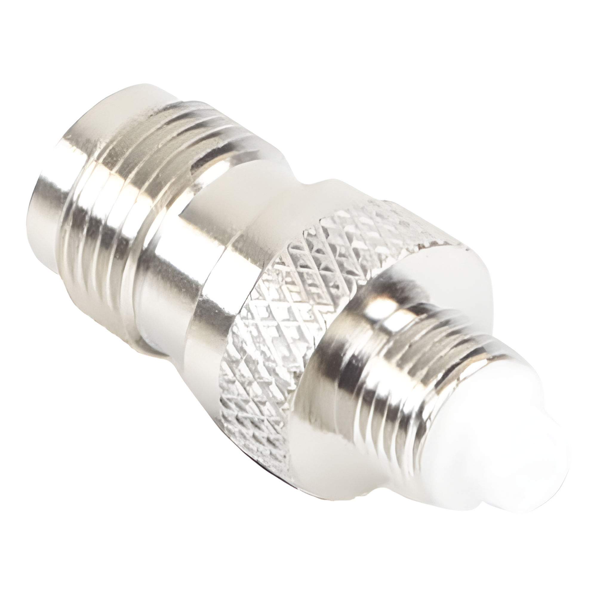 Adaptador en Línea, de Conector TNC Hembra a FME Hembra, Niple Europeo, Níquel/ Oro/ Teflón. — RF INDUSTRIES,LTD · SKU RFT-1240
