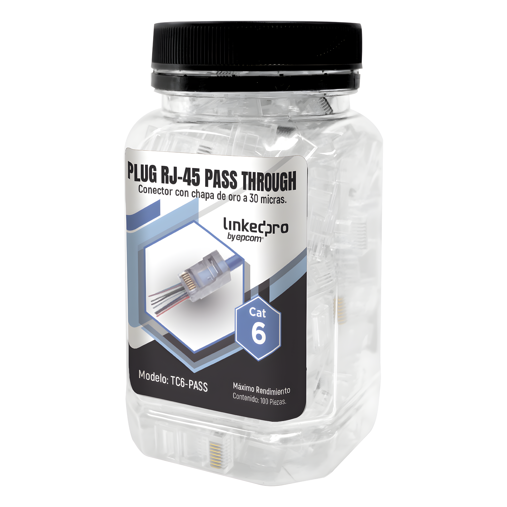 Bote con 100 Plugs Pass Through RJ45 Cat6 sin Blindaje, Chapado de Oro a 30 Micras para Durabilidad Extrema — LINKEDPRO BY EPCOM · SKU TC6-PASS
