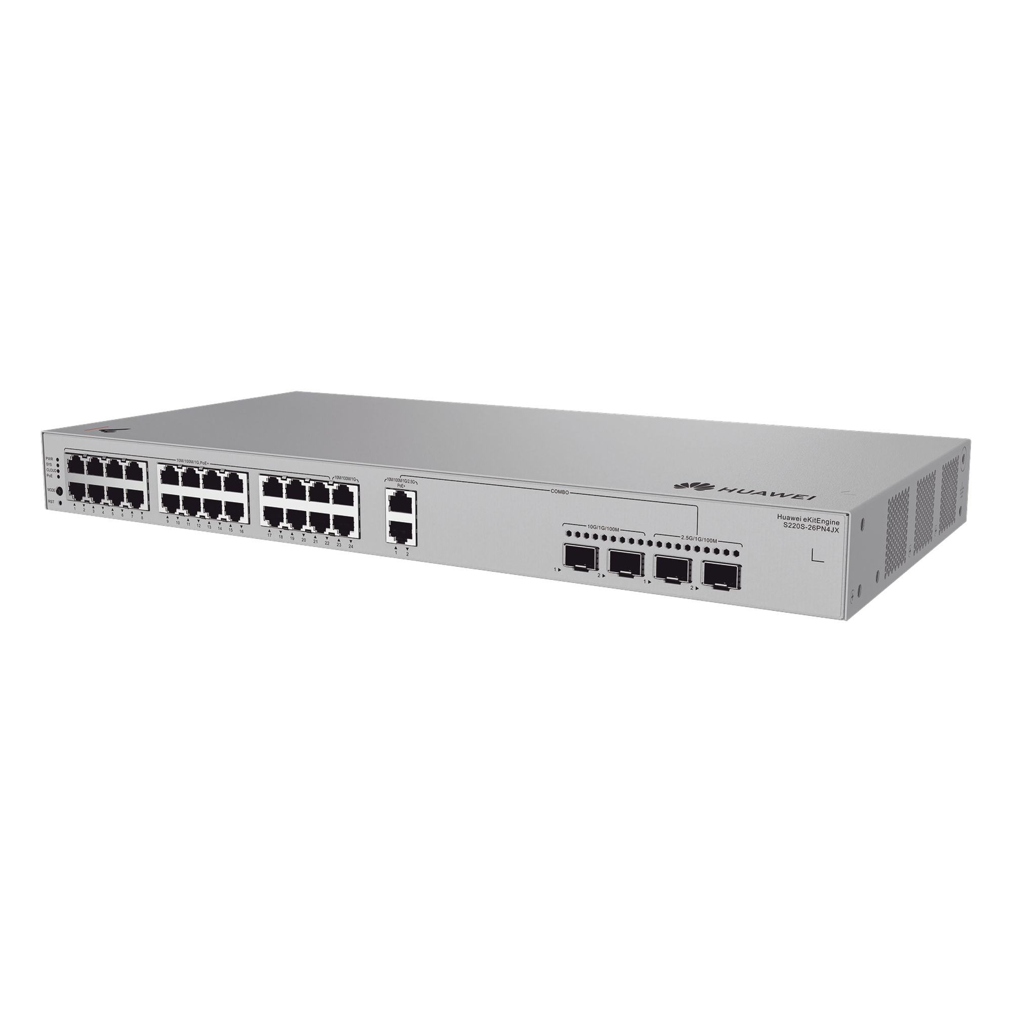 Switch de Acceso eKit Administrable / Capa 2 / 22 Puertos PoE+ Gigabit + 2 Puertos PoE+ 2.5 Gbps + 2 Puertos SFP(2.5 Gbps) + 2 Puertos SFP+(10 Gbps) / PoE Perpetuo / Presupuesto PoE 400 W / Sin Licenciamiento — HUAWEI · SKU S220S-26PN4JX