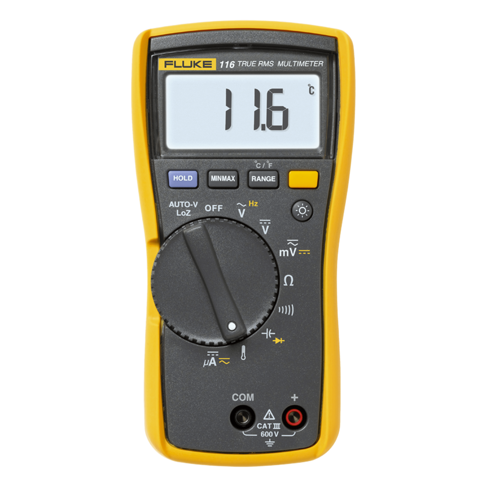 Multímetro Digital para Electricista, con Termómetro Integrado para Aplicaciones HVAC, Uso con Voltaje Máximo de 600 V, Pantalla LED Retroiluminada — FLUKE · SKU FLUKE-116