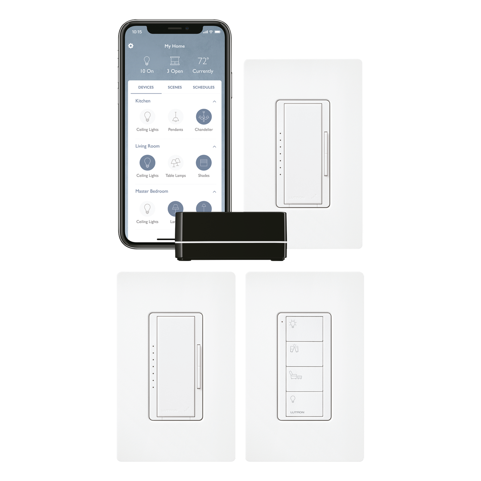 Kit de inicio RA2 Select con repetidor principal, 2 atenuadores de pared, control Pico con adaptador de pared y 3 placas de pared, para control inteligente de iluminación — LUTRON ELECTRONICS · SKU RRSELKITPROS