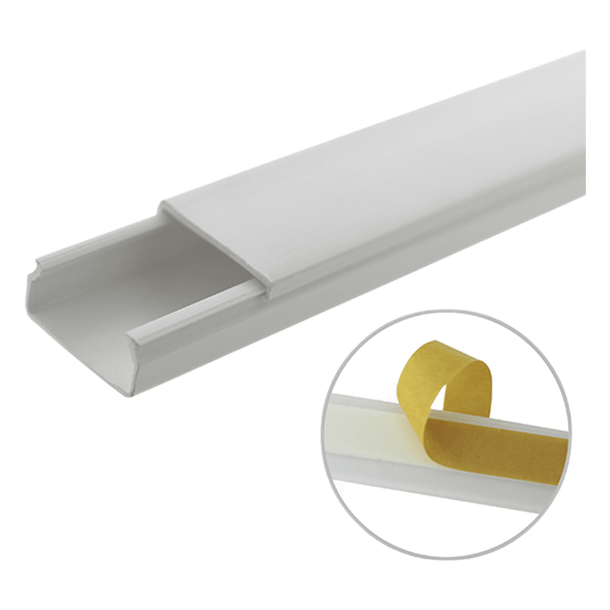 Canaleta blanca de PVC auto extinguible, sin división, 20 x 10 mm, tramo de 6 pies, con cinta adhesiva (5101-21262) — THORSMAN · SKU TMK-1020-SD-CC
