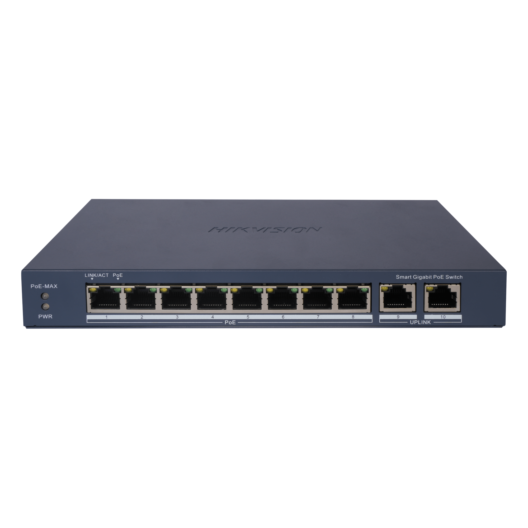 Switch PoE+ Administrable / 8 Puertos Gigabit PoE+ / 2 Puertos Uplink Gigabit / PoE Extendido 300 m (984.3 ft) / 110 W / Gestión en Nube — HIKVISION · SKU DS-3E1510P-EI