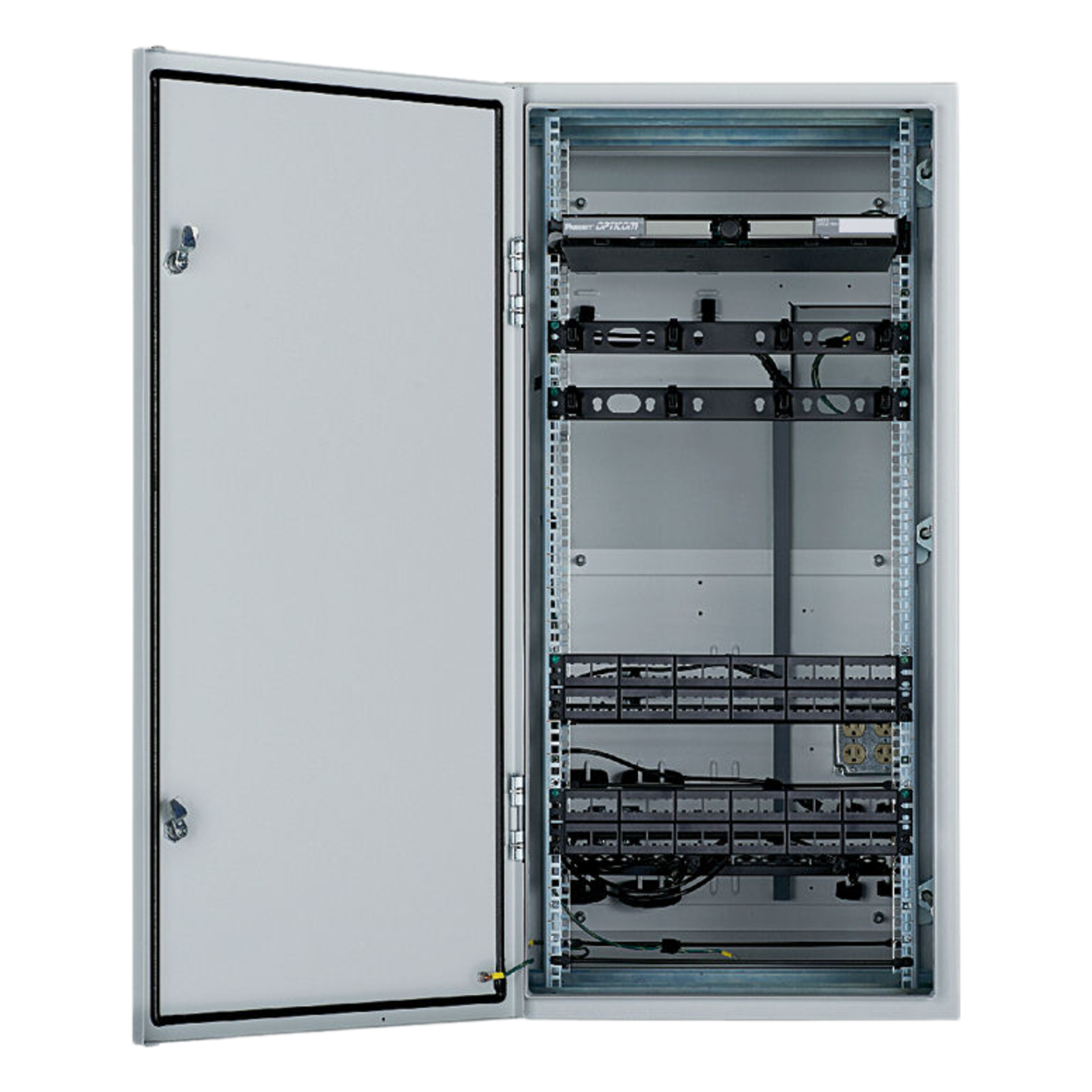 Gabinete Industrial Preconfigurado de Montaje en Pared, Fabricado en Acero Bajo en Carbono, Protección NEMA 4/12 IP66, de 26 UR, Color Gris — PANDUIT · SKU ZDF48-RA