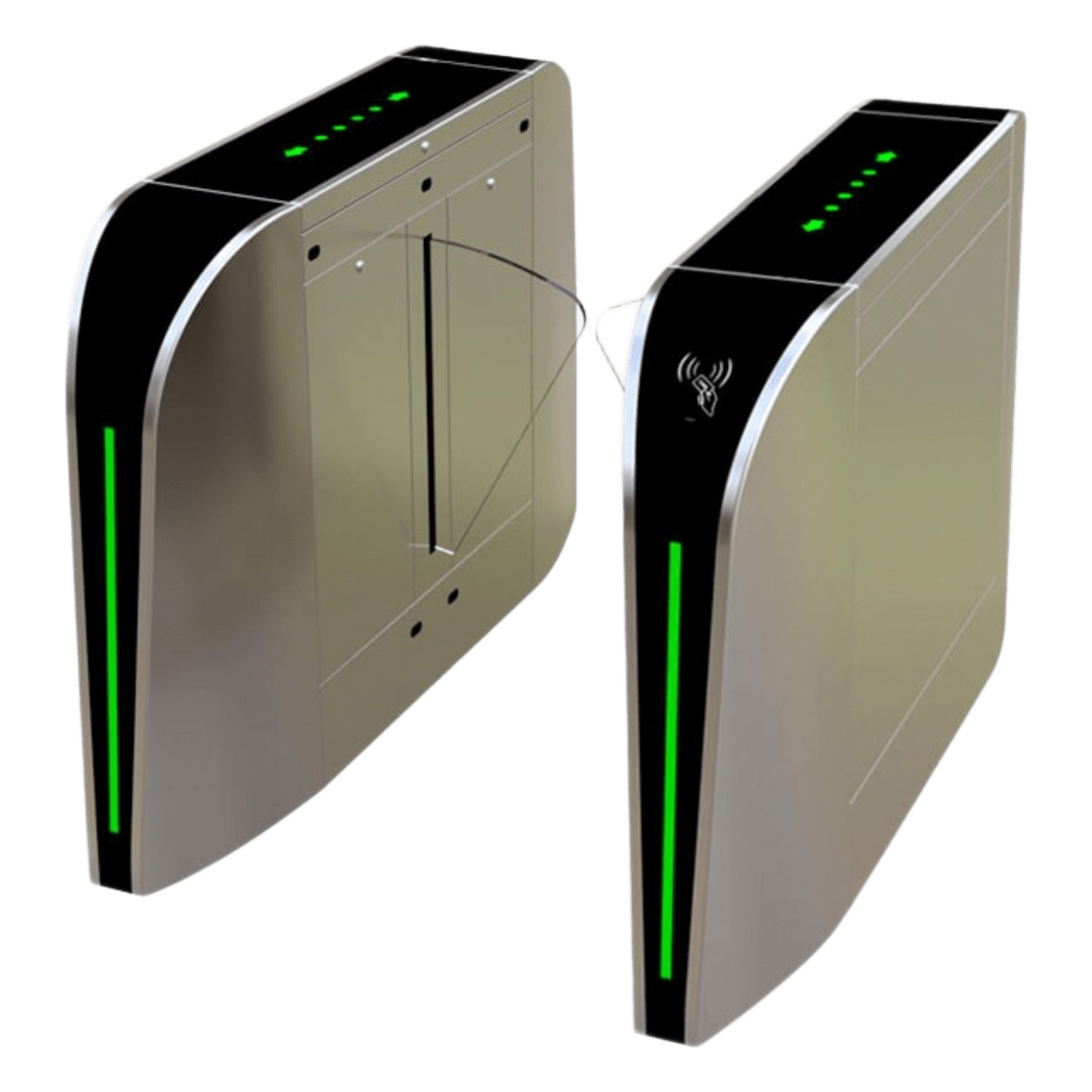 Puerta de cortesía tipo FLAP bidireccional / 30 personas por minuto / Acabado de Lujo / Apertura en 1 segundo / Acero inoxidable / Indicadores LED / Alarma por acceso denegado — ZKTECO · SKU FBL300