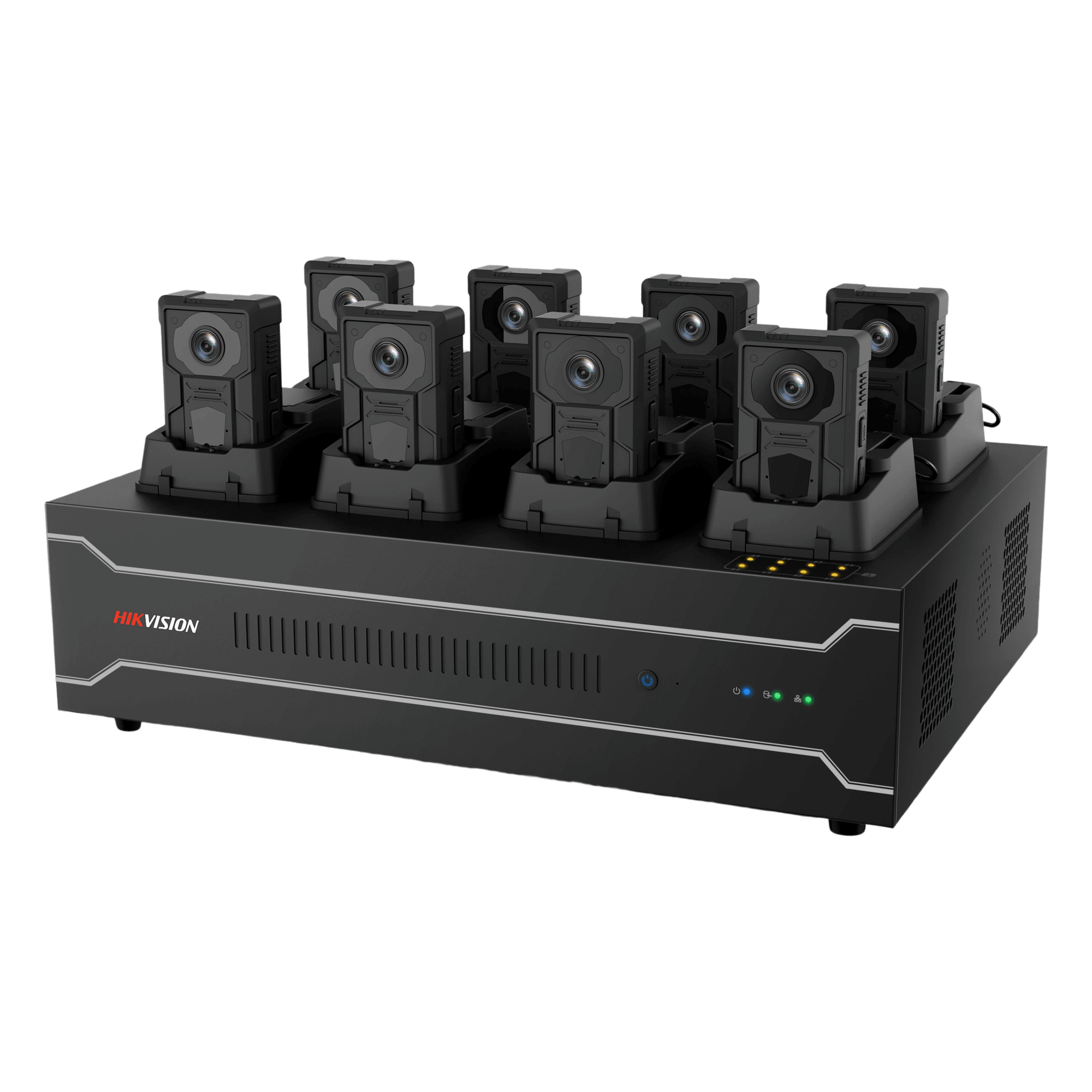 Estación de Acoplamiento para Cámaras Corporales DS-MH4172I / Carga y Recopilación de Datos para 8 Cámaras / 4 HDD de 2 TB a 6 TB / Interfaz USB 3.0 y Ethernet / Compatible con Windows 10 — HIKVISION · SKU DS-MH4172I