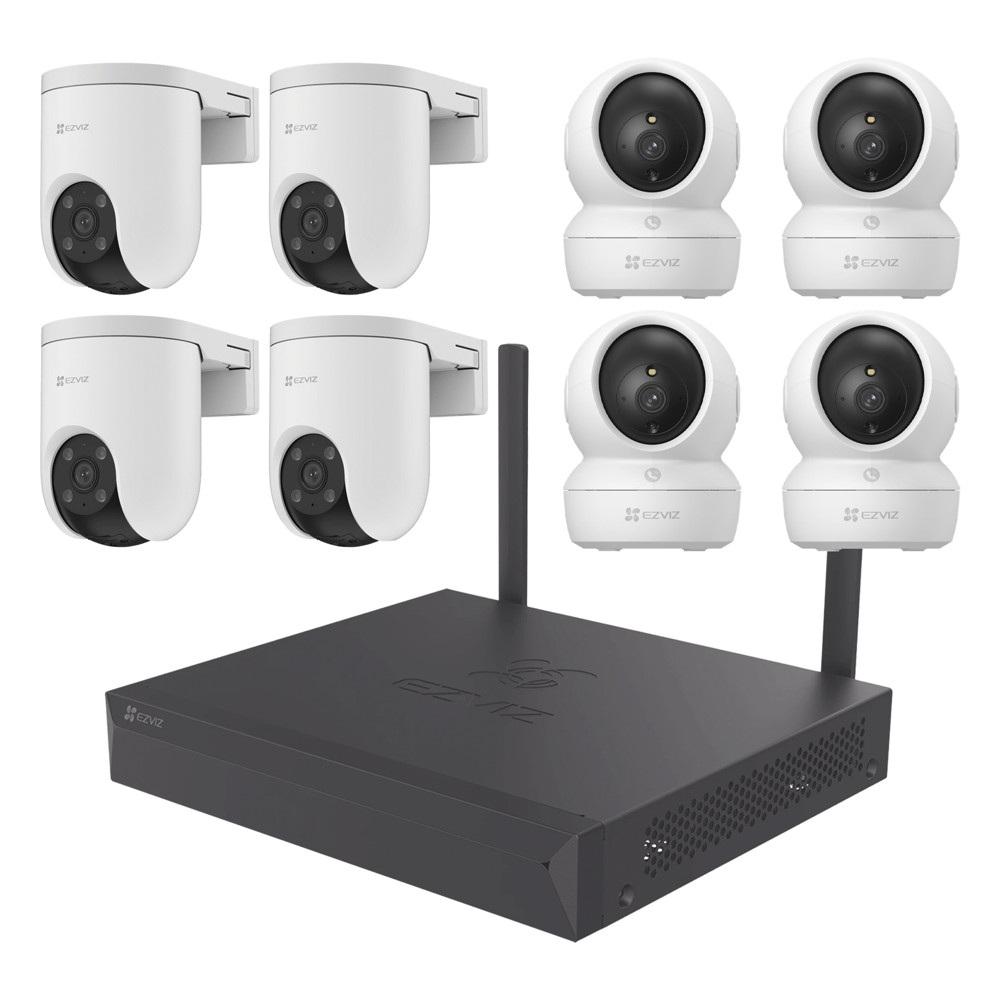 Kit de cámaras Wi-Fi / 3 Megapixel / Incluye 8 Cámaras (4 camaras Para Interior y 4 Cámaras Para Exterior) / 1 NVR WI-FI 8 Canales / Vision Nocturna a Color / Detección de Humanos — EZVIZ · SKU KIT/CSX5S/8W
