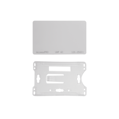 Kit de  Tag UHF tipo Tarjeta para lectoras de largo alcance 900 MHZ / EPC GEN 2 / ISO 18000 6C / No imprimible / Incluye porta tarjeta — ACCESSPRO · SKU ACCESS-CARD-EPC-K